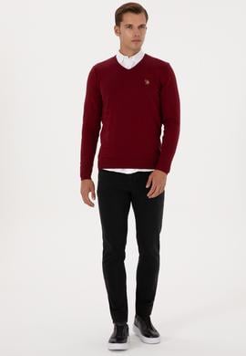 Erkek Slim Fit V Yaka Bordo Basic Kazak - 50307778026