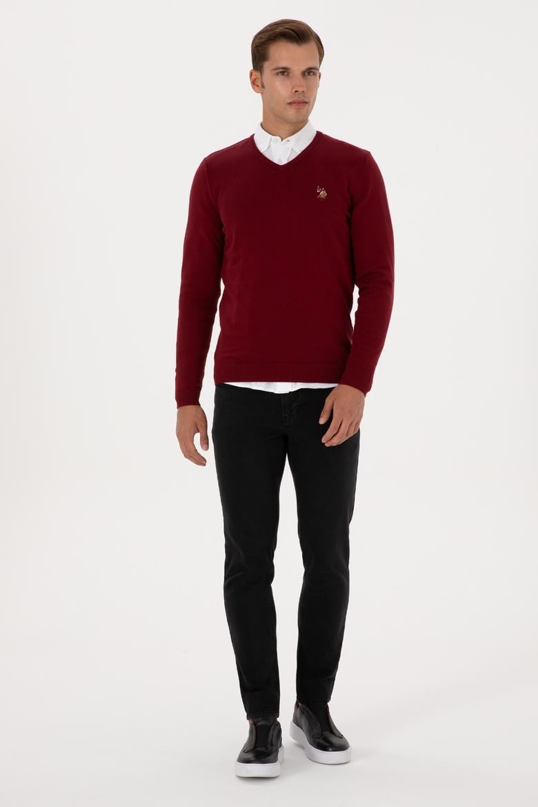 Erkek Slim Fit V Yaka Bordo Basic Kazak - 50307778026