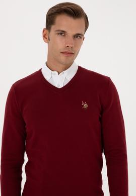 Erkek Slim Fit V Yaka Bordo Basic Kazak - 50307778026