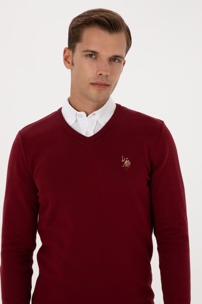 Erkek Slim Fit V Yaka Bordo Basic Kazak