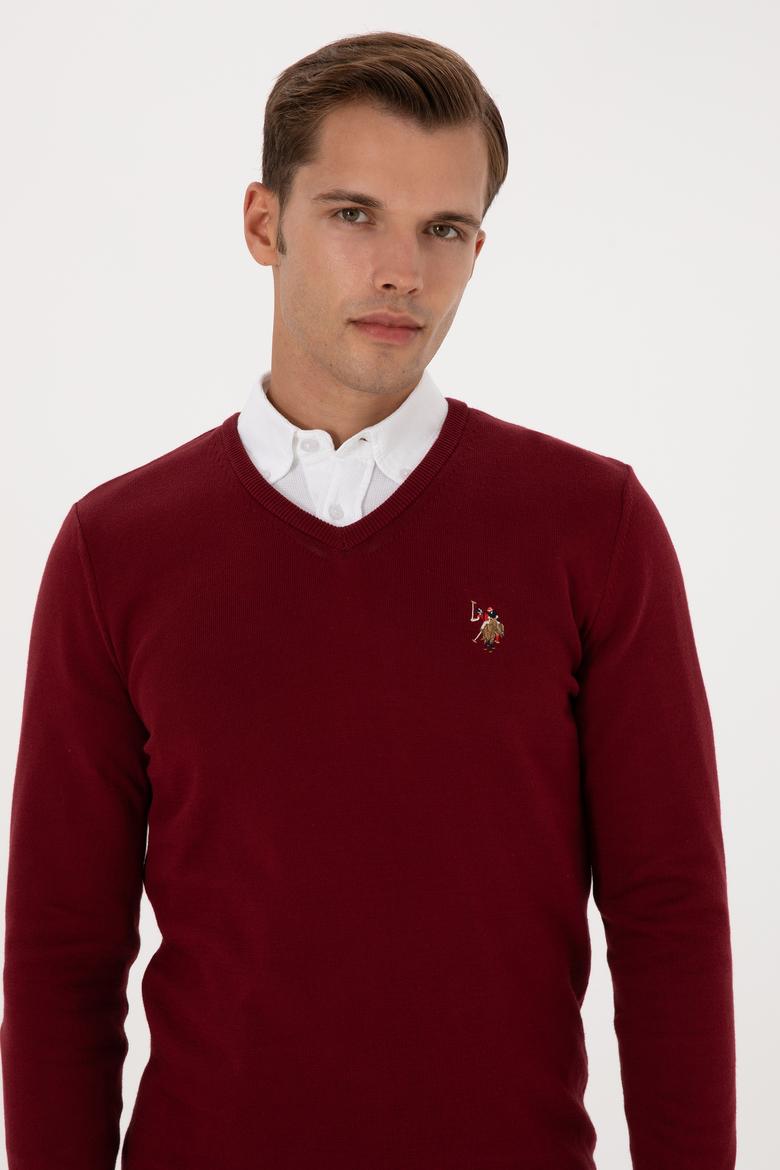 Erkek Slim Fit V Yaka Bordo Basic Kazak - 50307778026