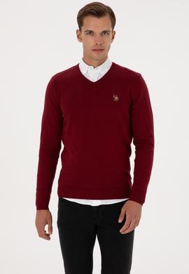 Erkek Slim Fit V Yaka Bordo Basic Kazak - 50307778026
