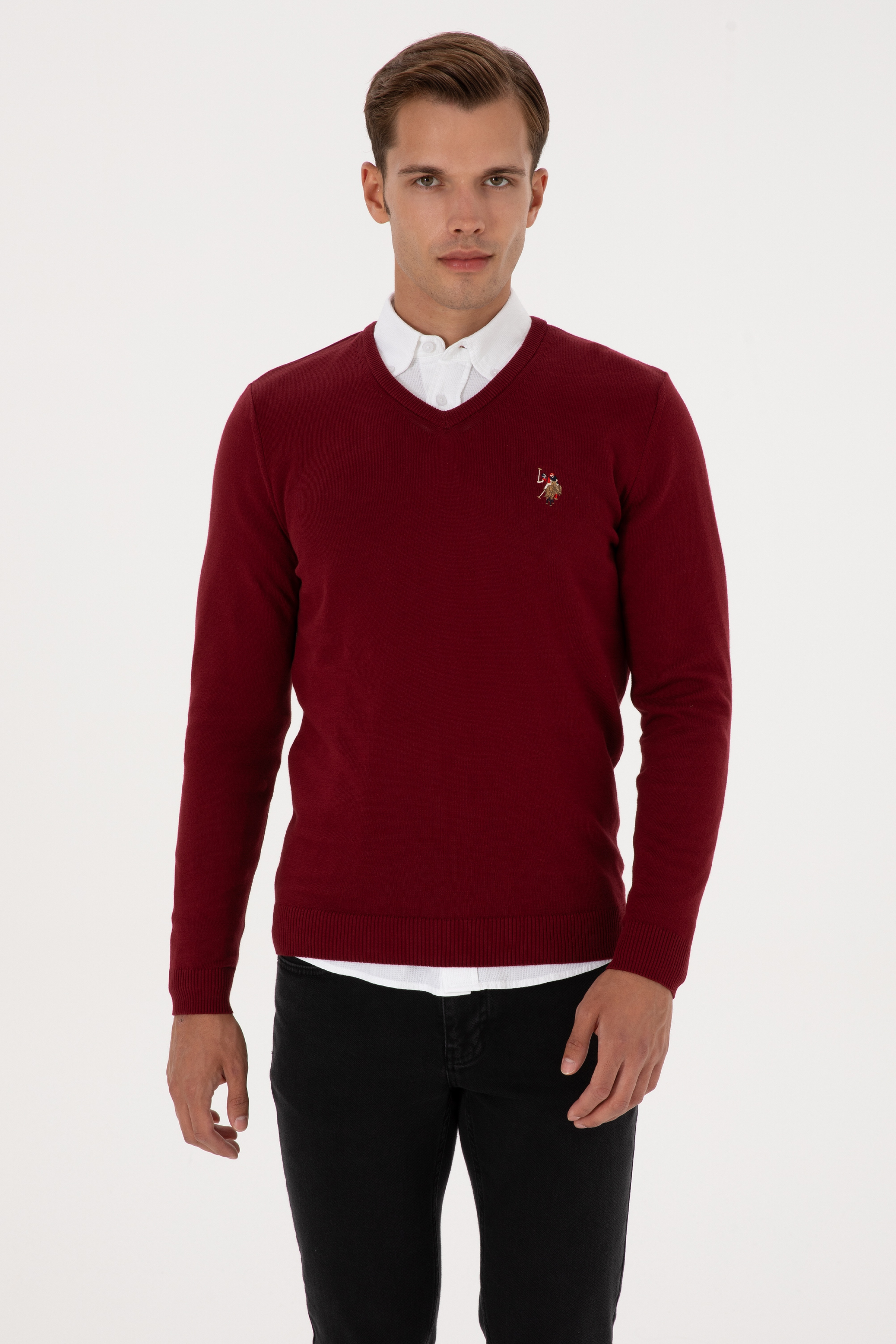 Erkek Slim Fit V Yaka Bordo Basic Kazak - Image 3