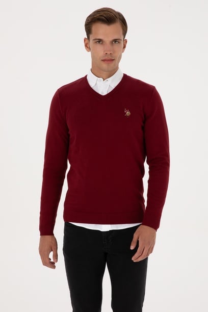 Erkek Slim Fit V Yaka Bordo Basic Kazak