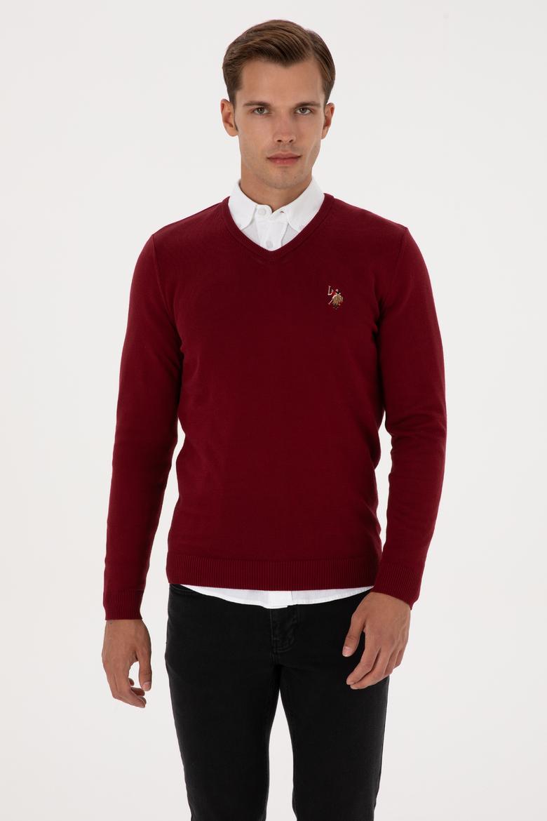 Erkek Slim Fit V Yaka Bordo Basic Kazak - 50307778026