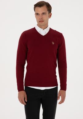 Erkek Slim Fit V Yaka Bordo Basic Kazak - 50307778026