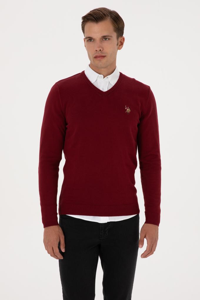 Erkek Slim Fit V Yaka Bordo Basic Kazak