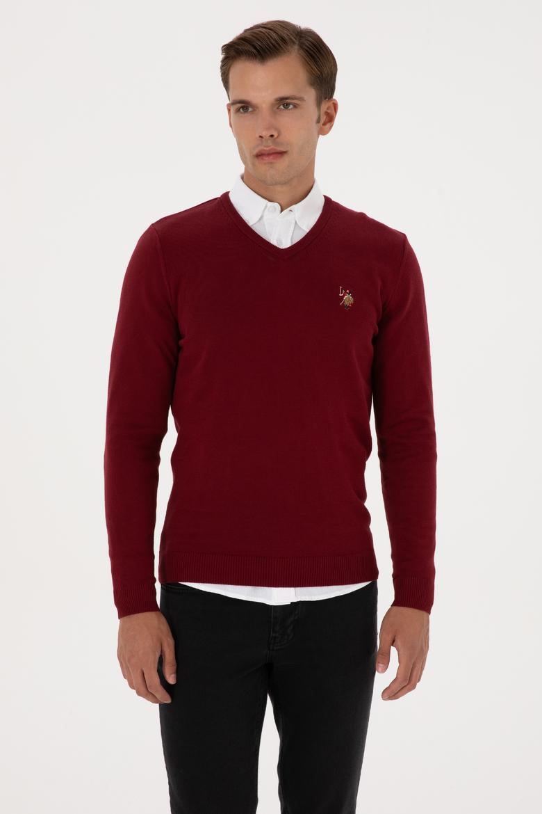 Erkek Slim Fit V Yaka Bordo Basic Kazak