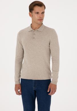 Erkek Slim Fit Polo Yaka Taş Melanj Basic Kazak - 50307799023