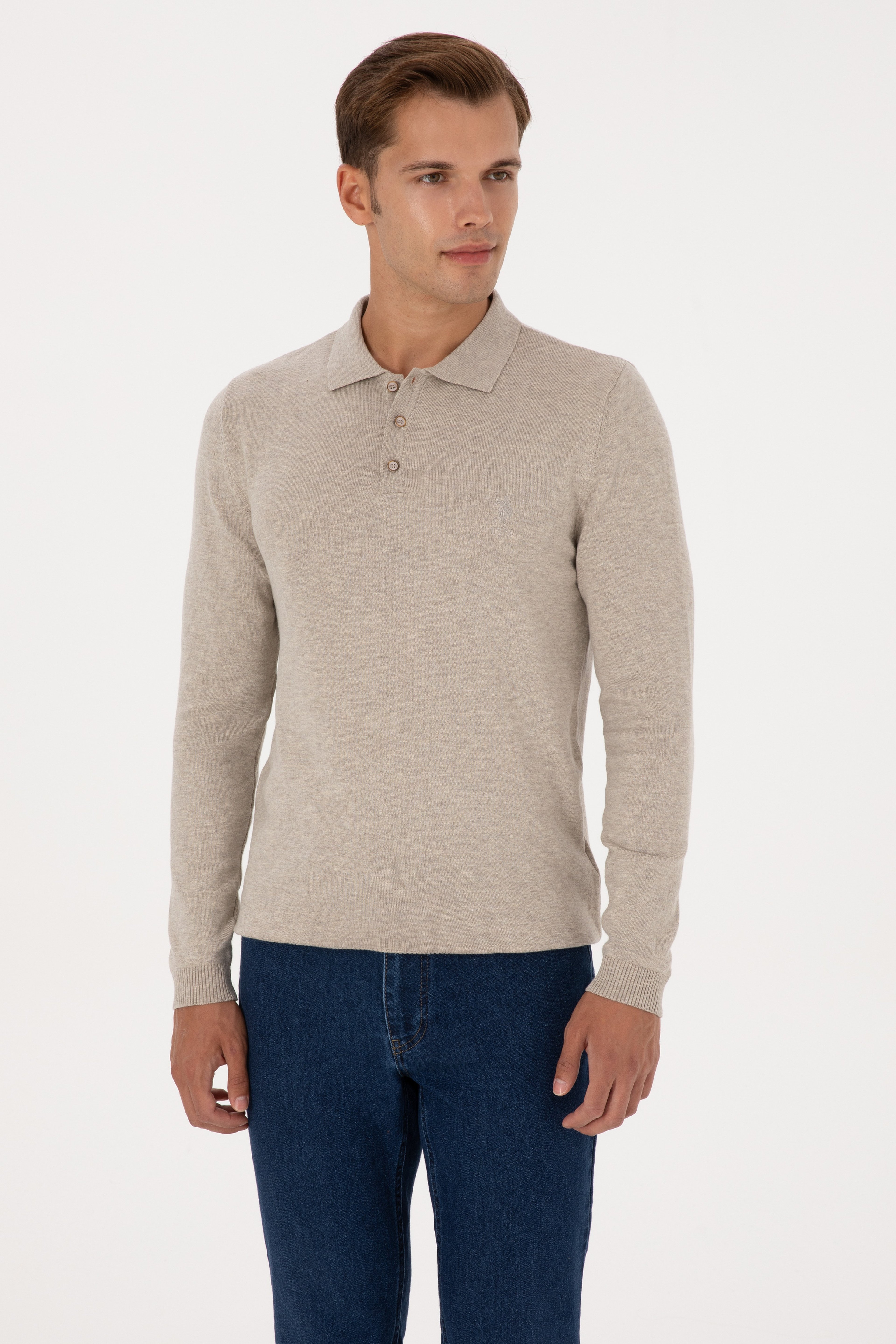Erkek Slim Fit Polo Yaka Taş Melanj Basic Kazak