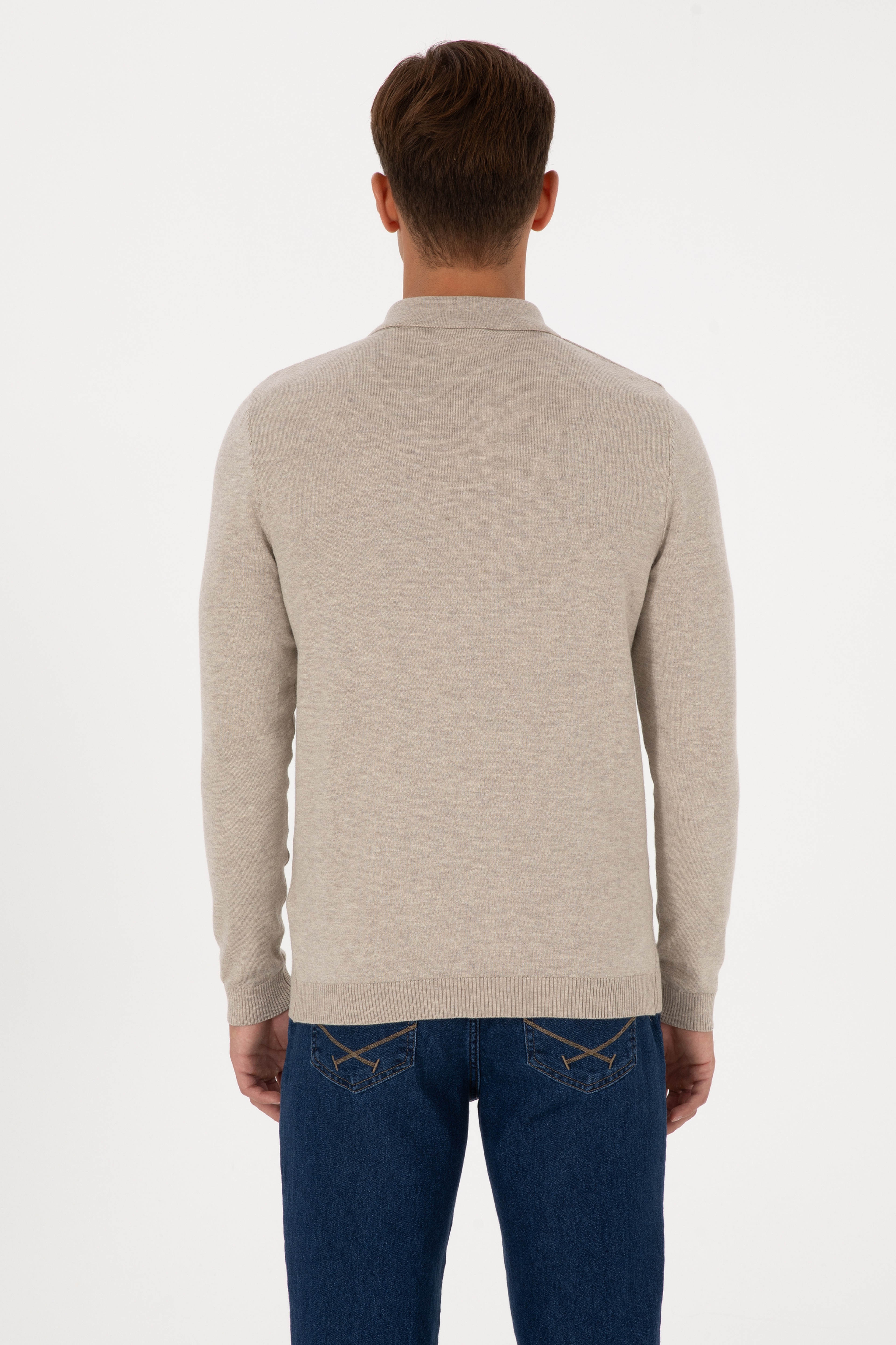 Erkek Slim Fit Polo Yaka Taş Melanj Basic Kazak - Image 5