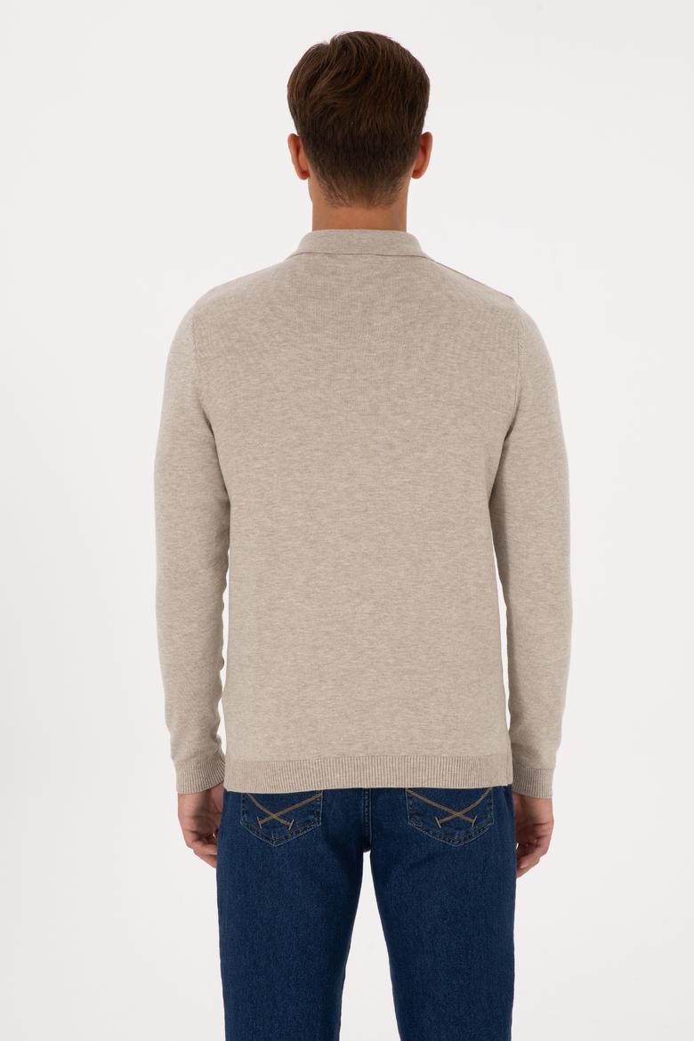 Erkek Slim Fit Polo Yaka Taş Melanj Basic Kazak - 50307799023