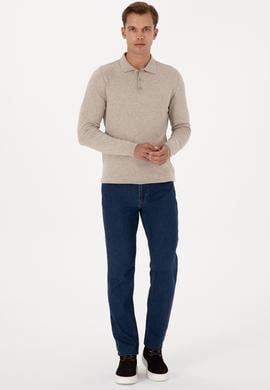 Erkek Slim Fit Polo Yaka Taş Melanj Basic Kazak - 50307799023