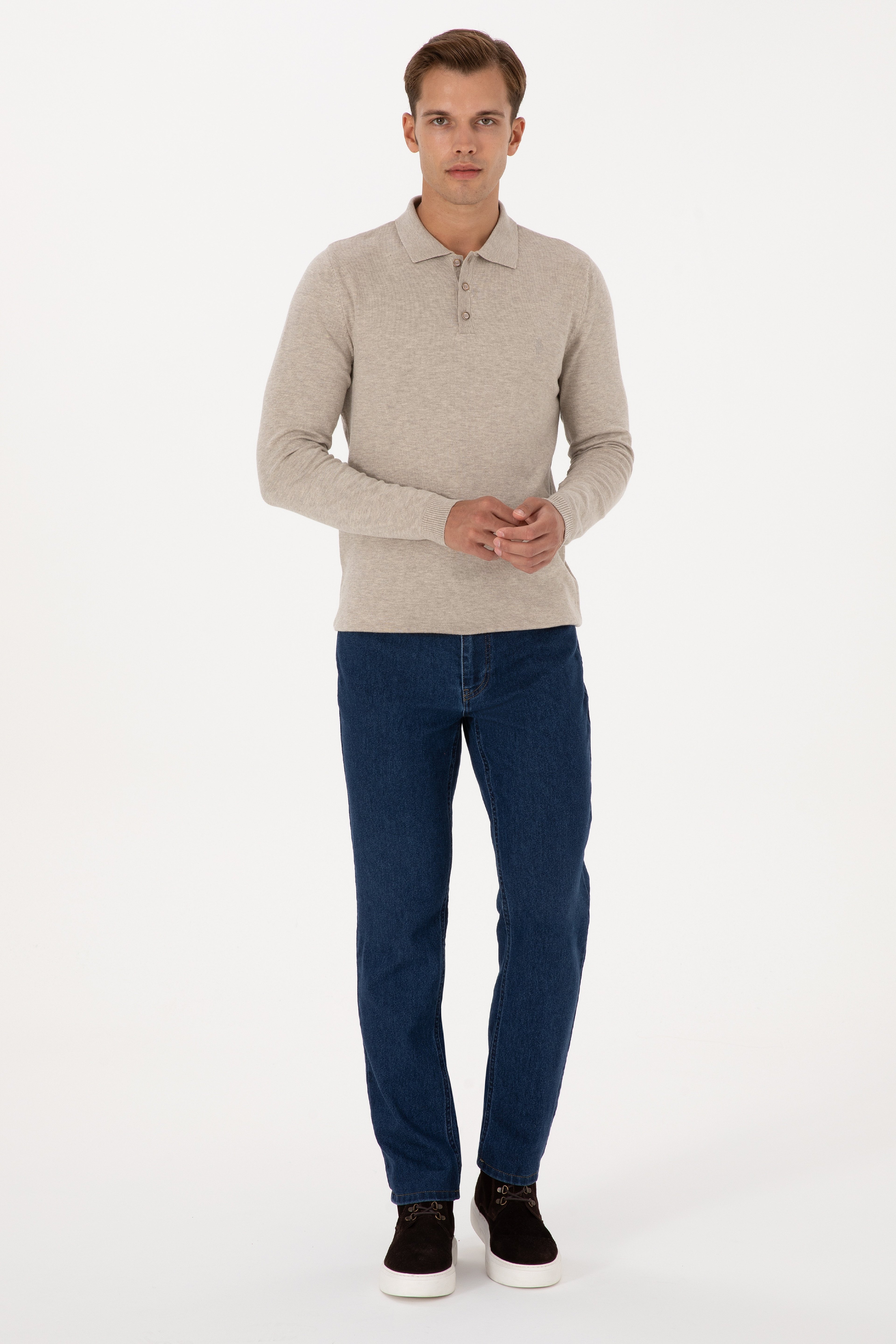 Erkek Slim Fit Polo Yaka Taş Melanj Basic Kazak - Image 4