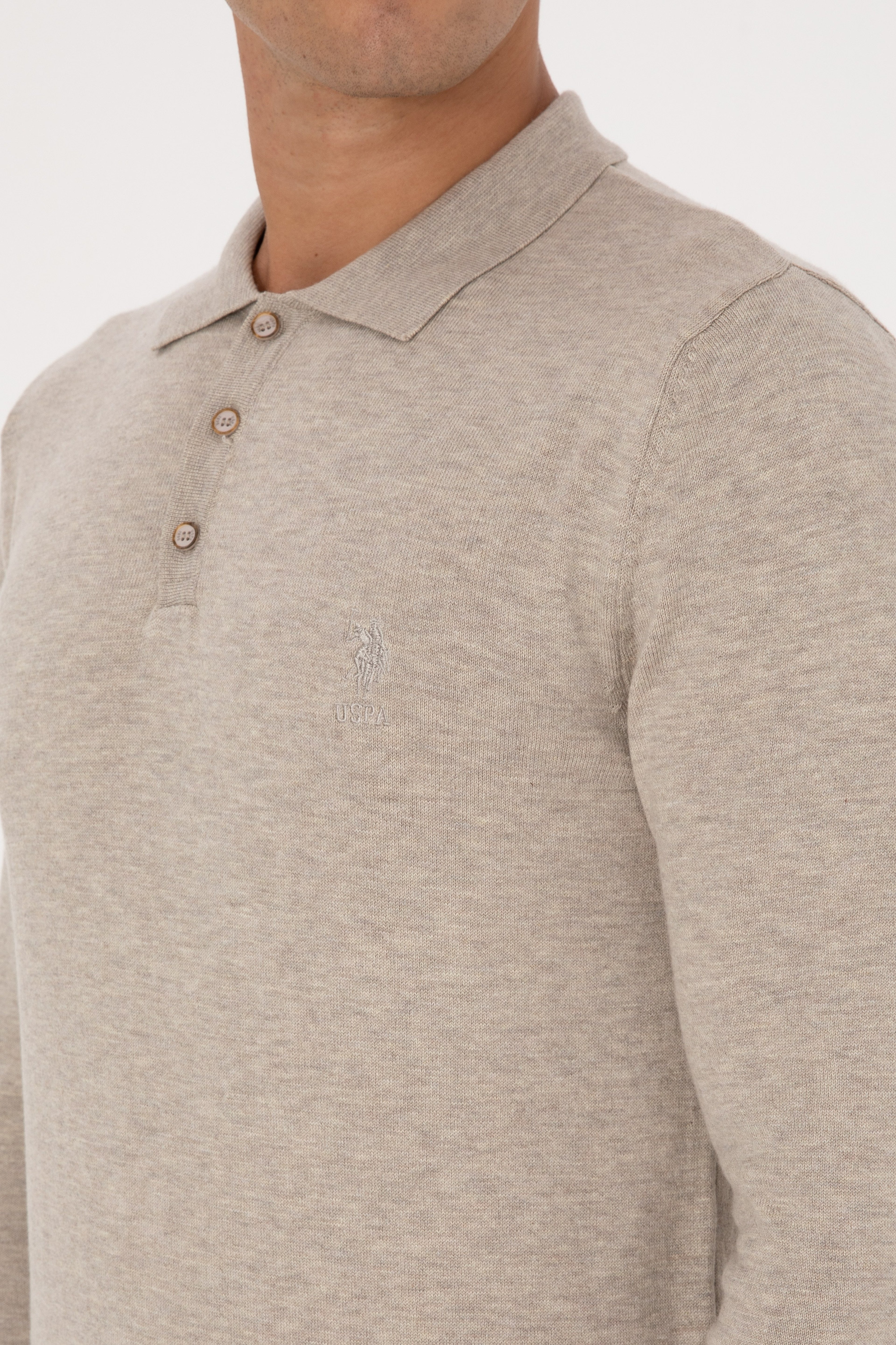 Erkek Slim Fit Polo Yaka Taş Melanj Basic Kazak - Image 7