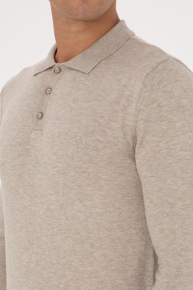 Erkek Slim Fit Polo Yaka Taş Melanj Basic Kazak - 50307799023