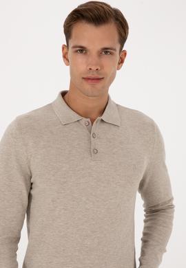 Erkek Slim Fit Polo Yaka Taş Melanj Basic Kazak - 50307799023