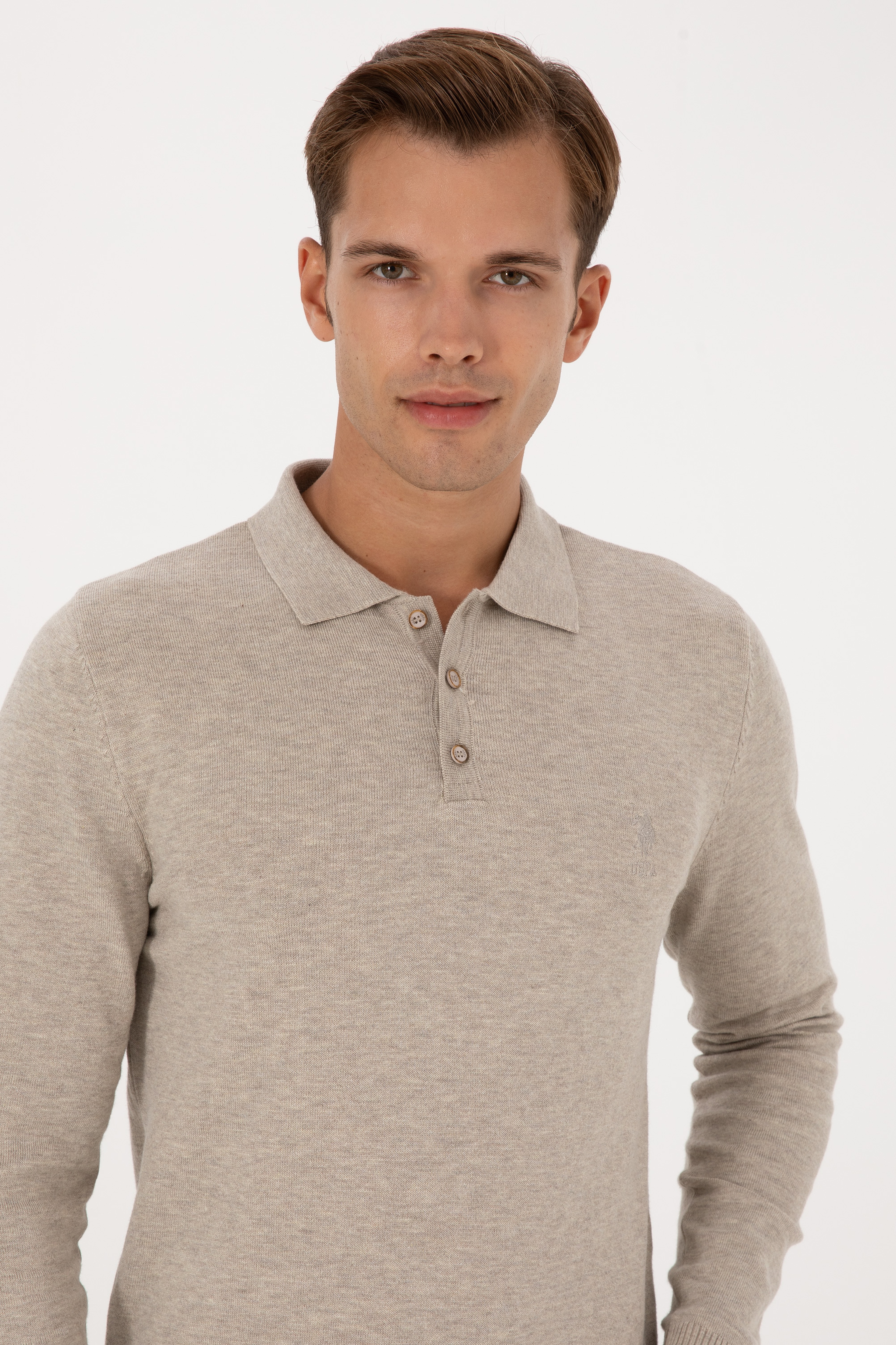 Erkek Slim Fit Polo Yaka Taş Melanj Basic Kazak
