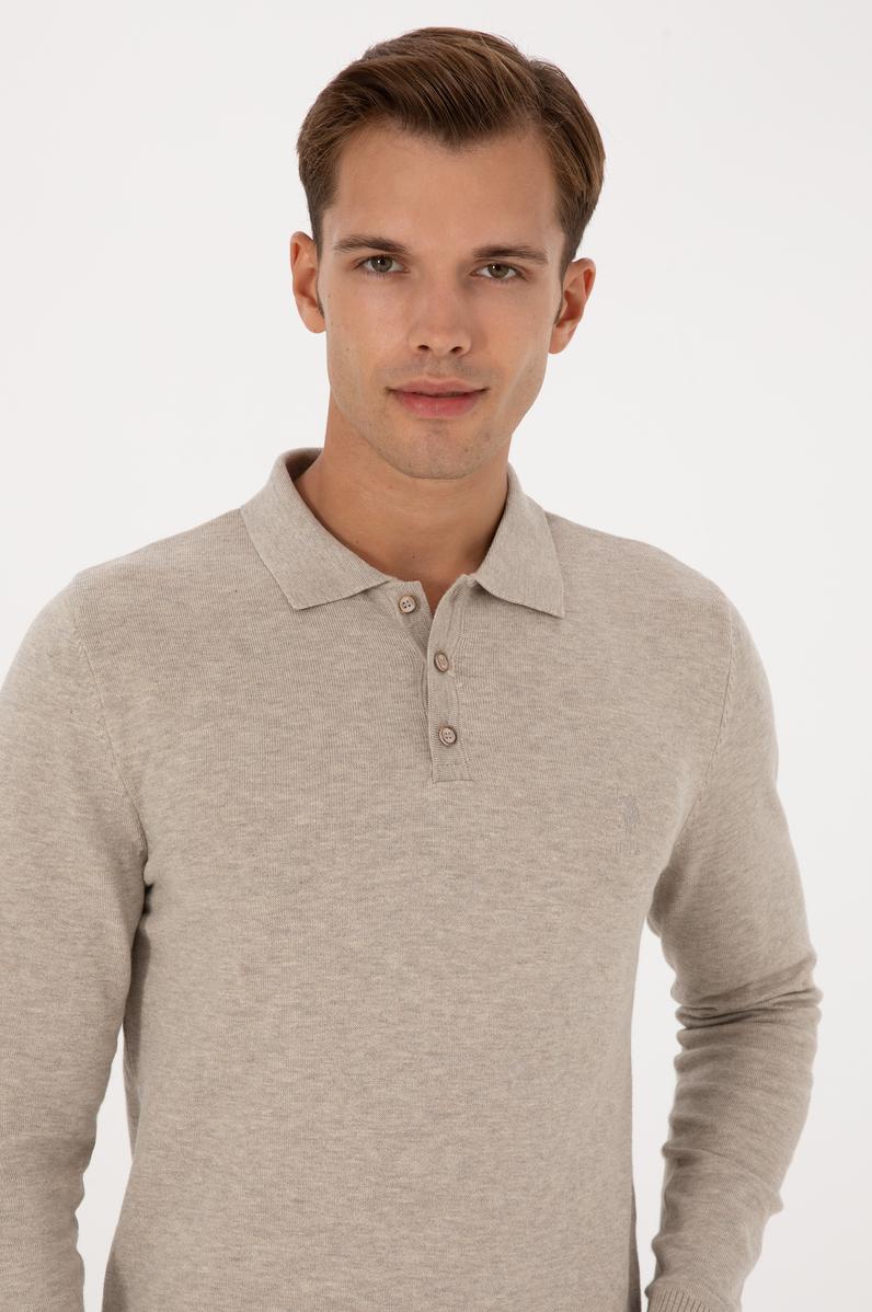 Erkek Slim Fit Polo Yaka Taş Melanj Basic Kazak