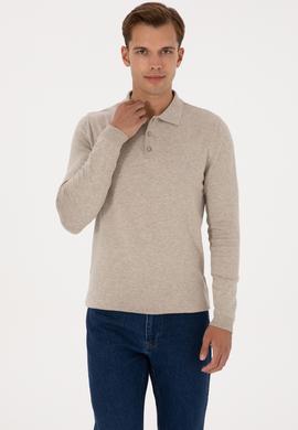 Erkek Slim Fit Polo Yaka Taş Melanj Basic Kazak - 50307799023