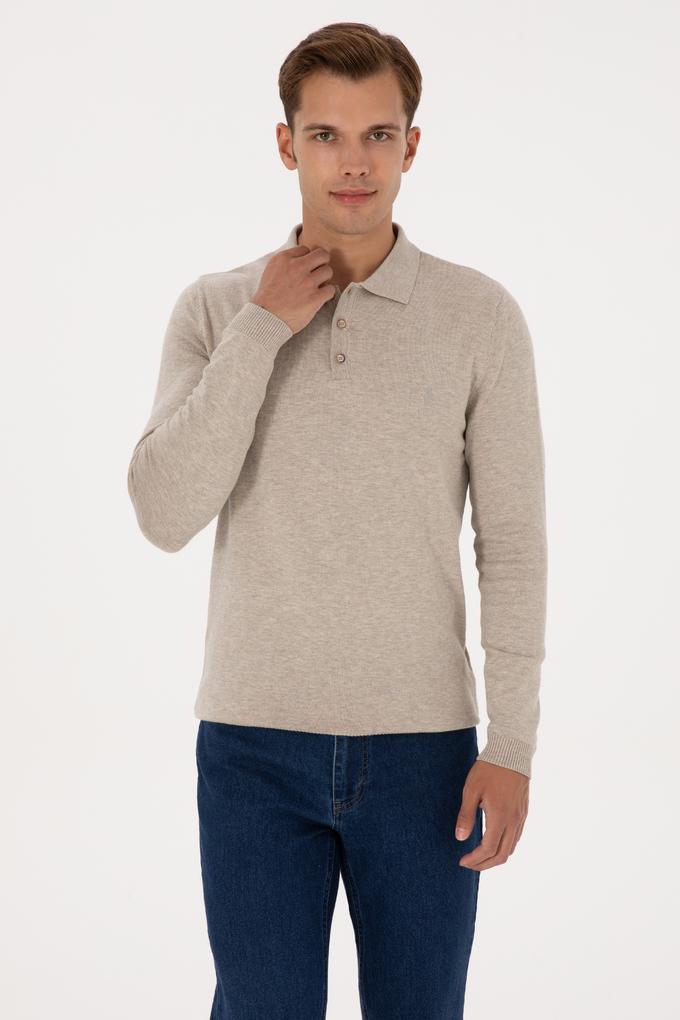 Erkek Slim Fit Polo Yaka Taş Melanj Basic Kazak