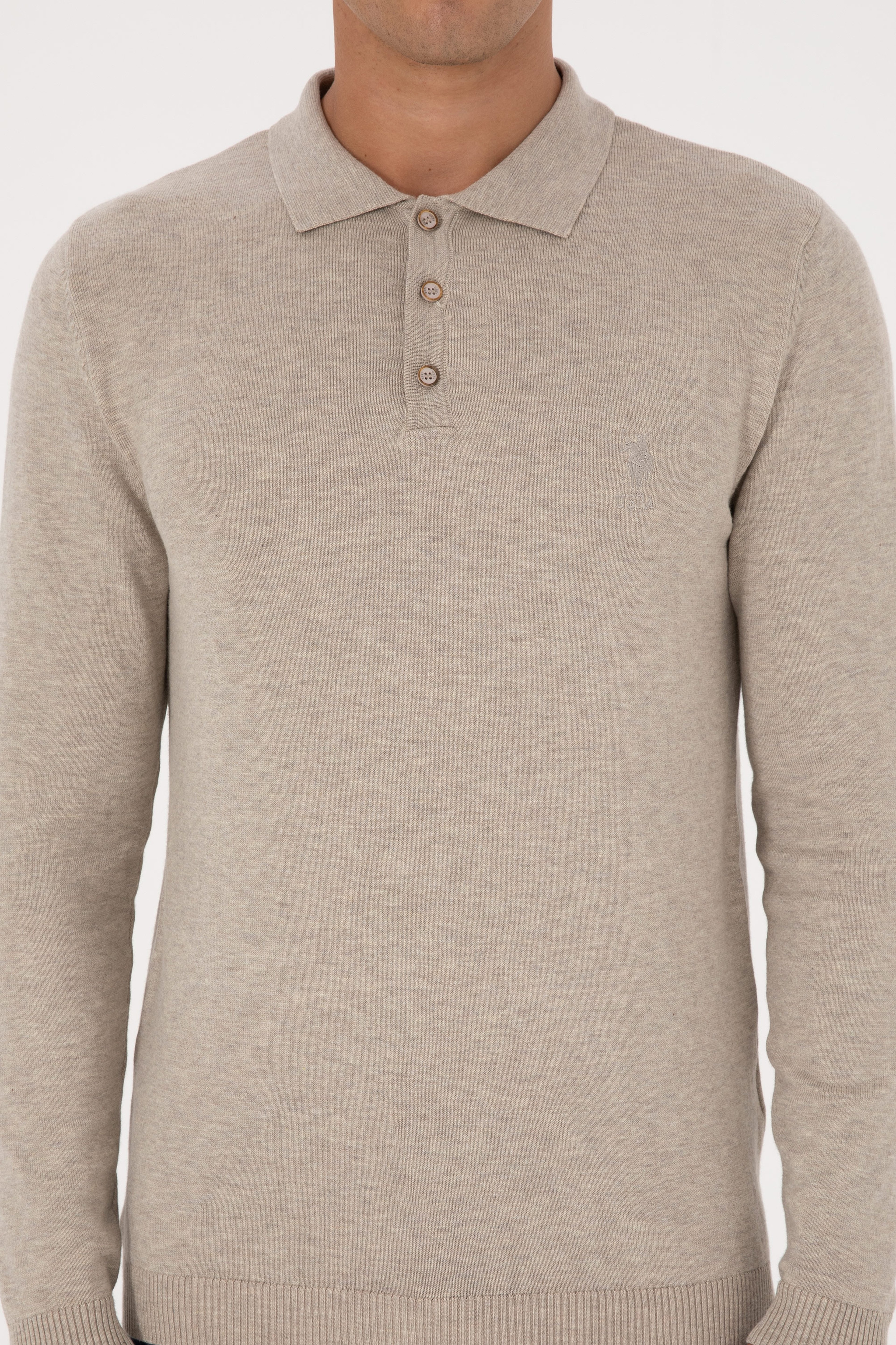 Erkek Slim Fit Polo Yaka Taş Melanj Basic Kazak