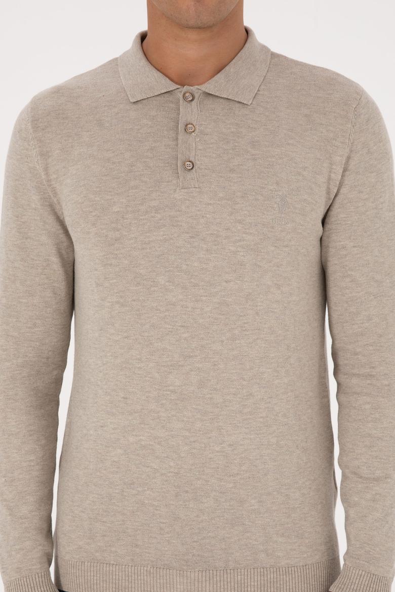 Erkek Slim Fit Polo Yaka Taş Melanj Basic Kazak - 50307799023