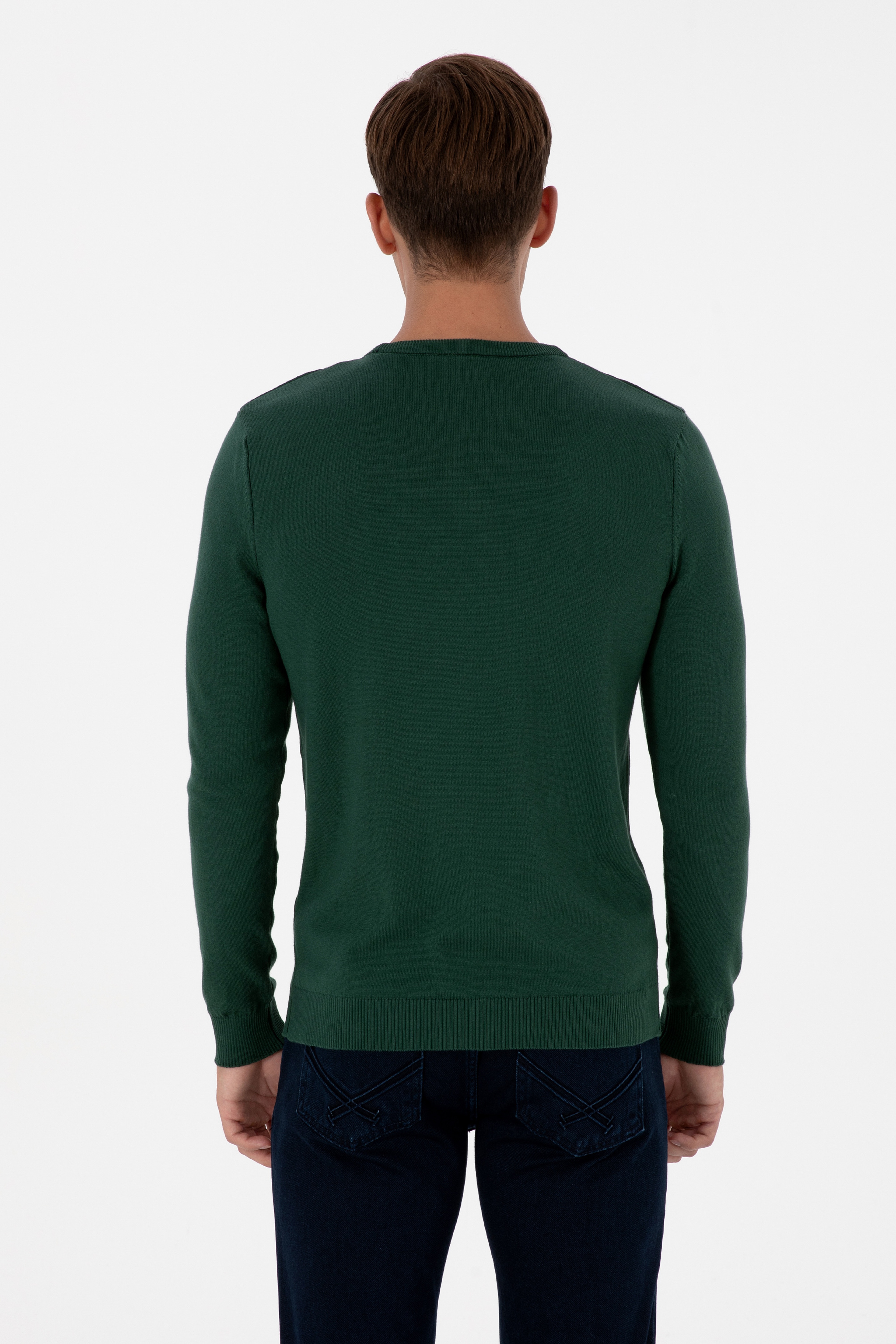Erkek Slim Fit Bisiklet Yaka Koyu Yeşil Basic Kazak - Image 5
