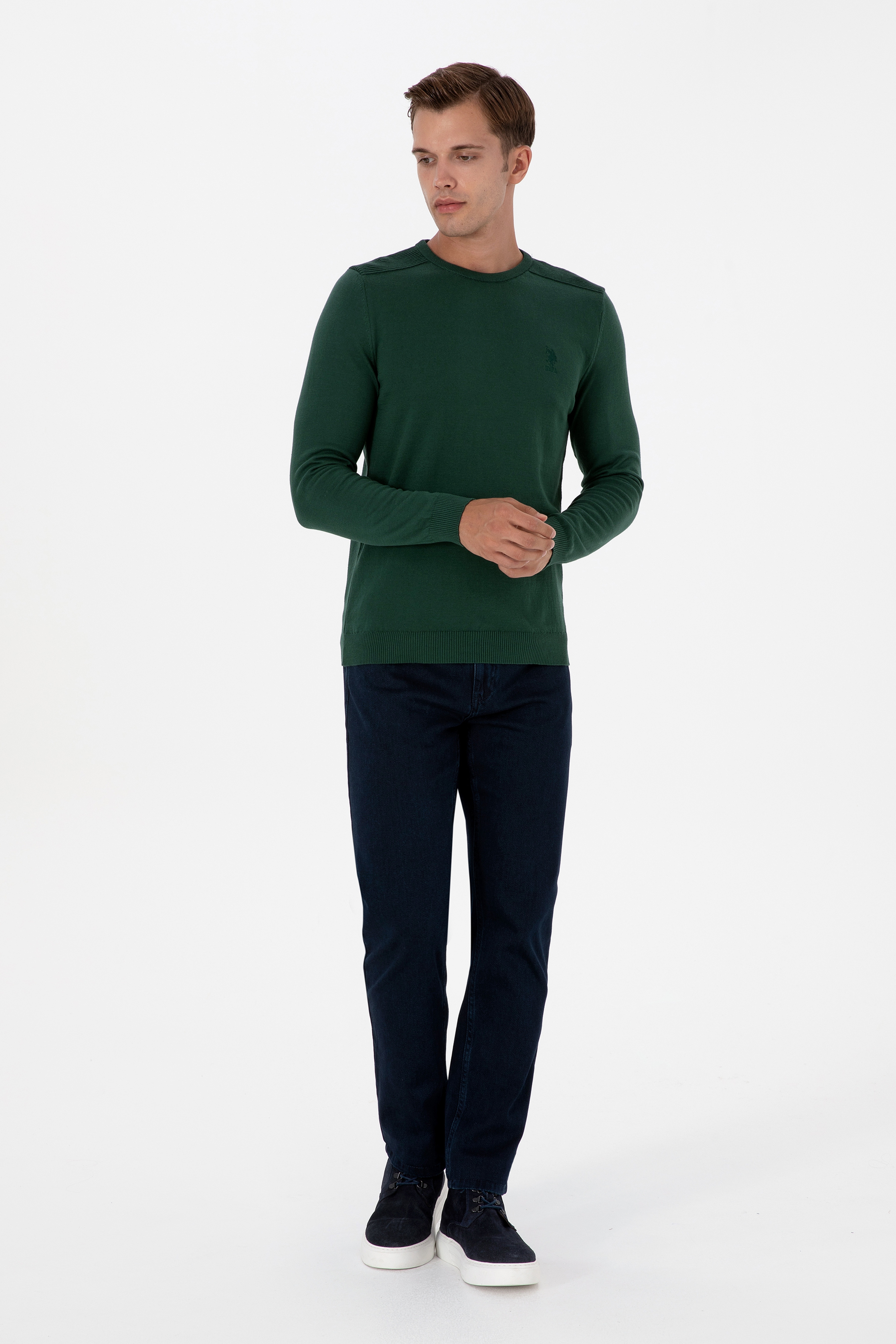 Erkek Slim Fit Bisiklet Yaka Koyu Yeşil Basic Kazak