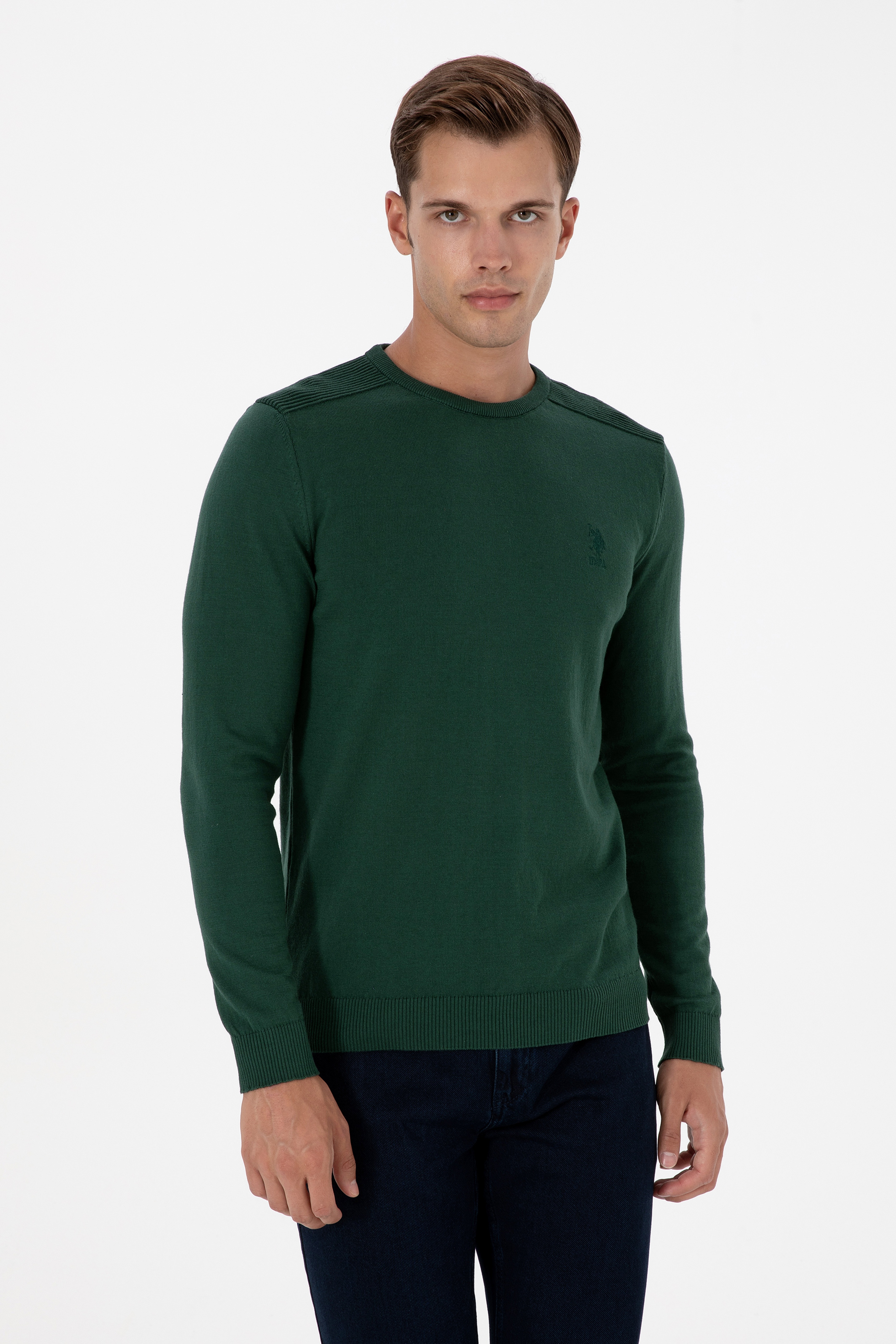 Erkek Slim Fit Bisiklet Yaka Koyu Yeşil Basic Kazak - Image 1