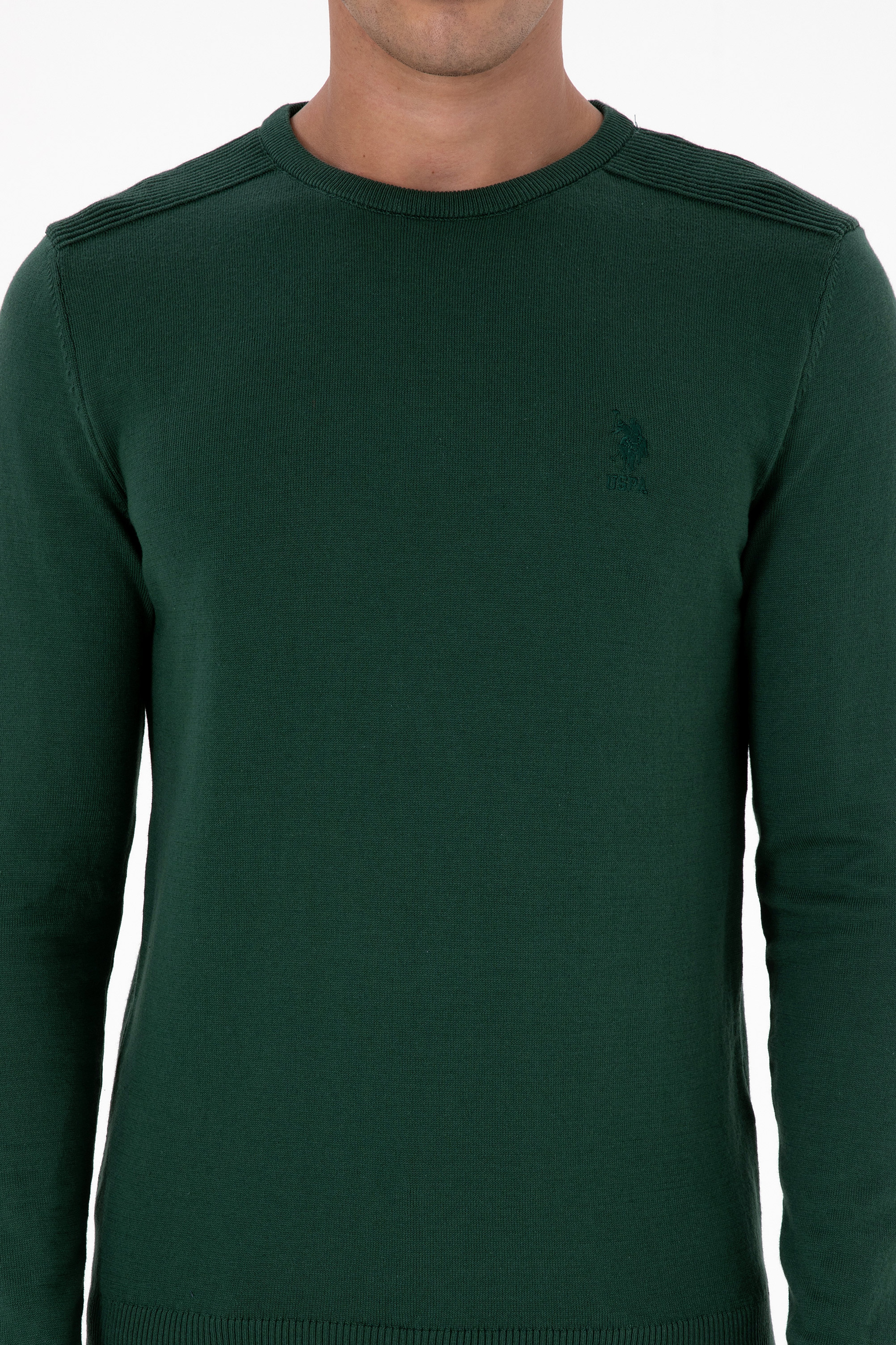 Erkek Slim Fit Bisiklet Yaka Koyu Yeşil Basic Kazak - Image 6
