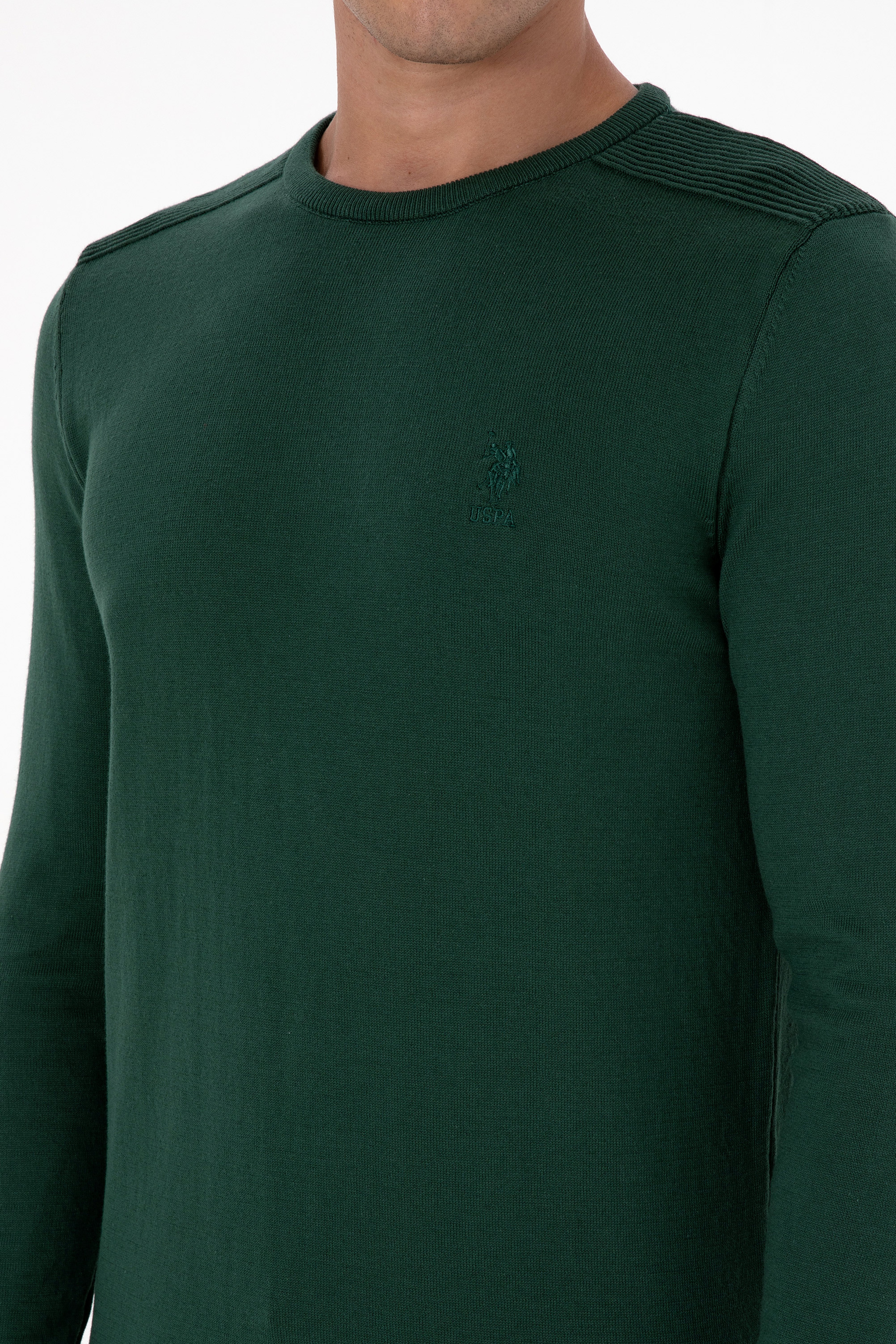 Erkek Slim Fit Bisiklet Yaka Koyu Yeşil Basic Kazak - Image 7