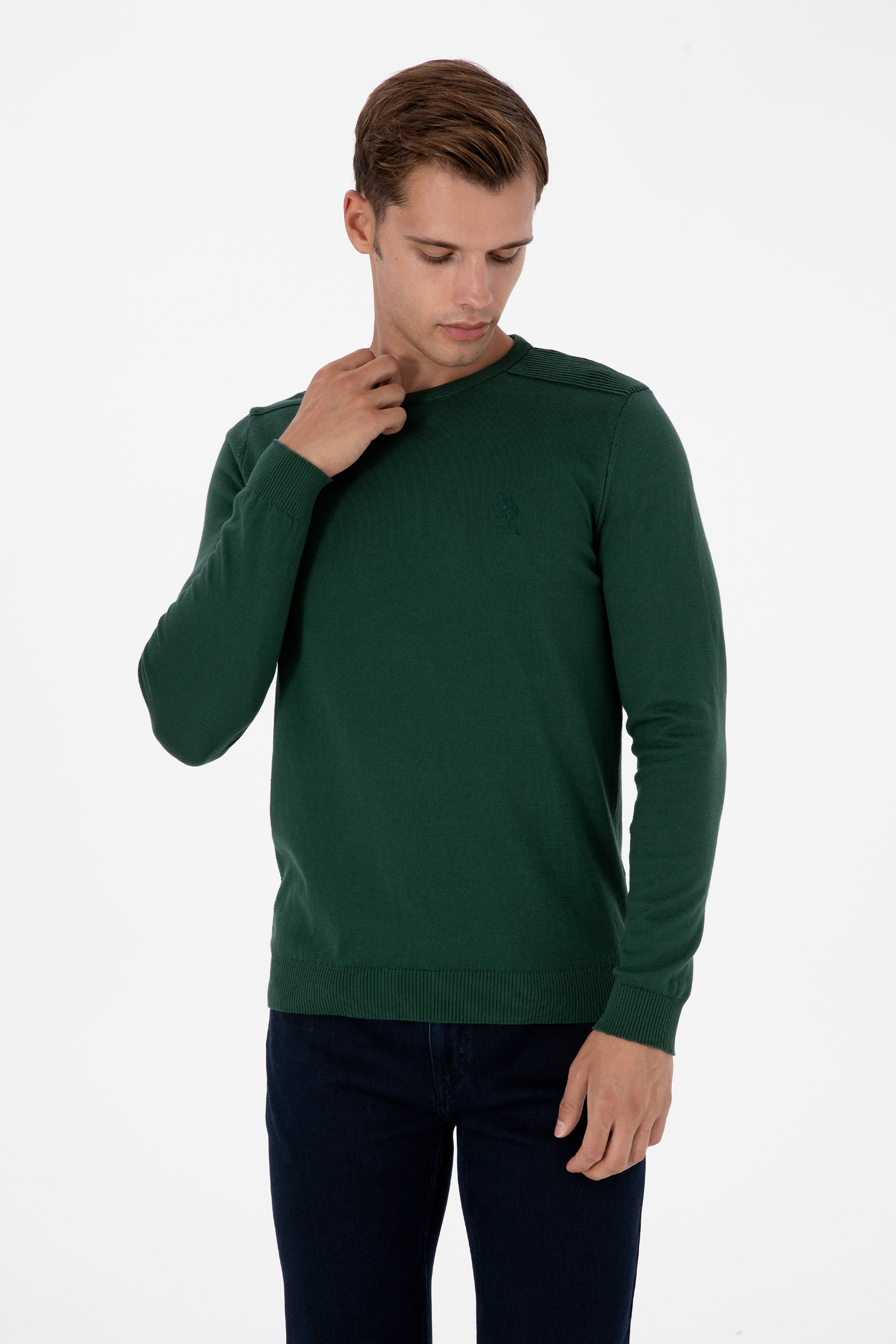 Erkek Slim Fit Bisiklet Yaka Koyu Yeşil Basic Kazak - Image 3