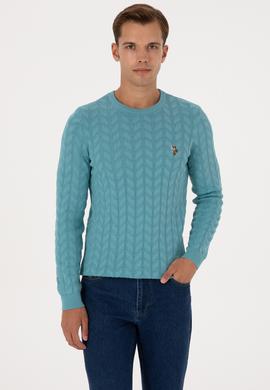 Erkek Slim Fit Bisiklet Yaka Desenli Mint Kazak - 50307836087
