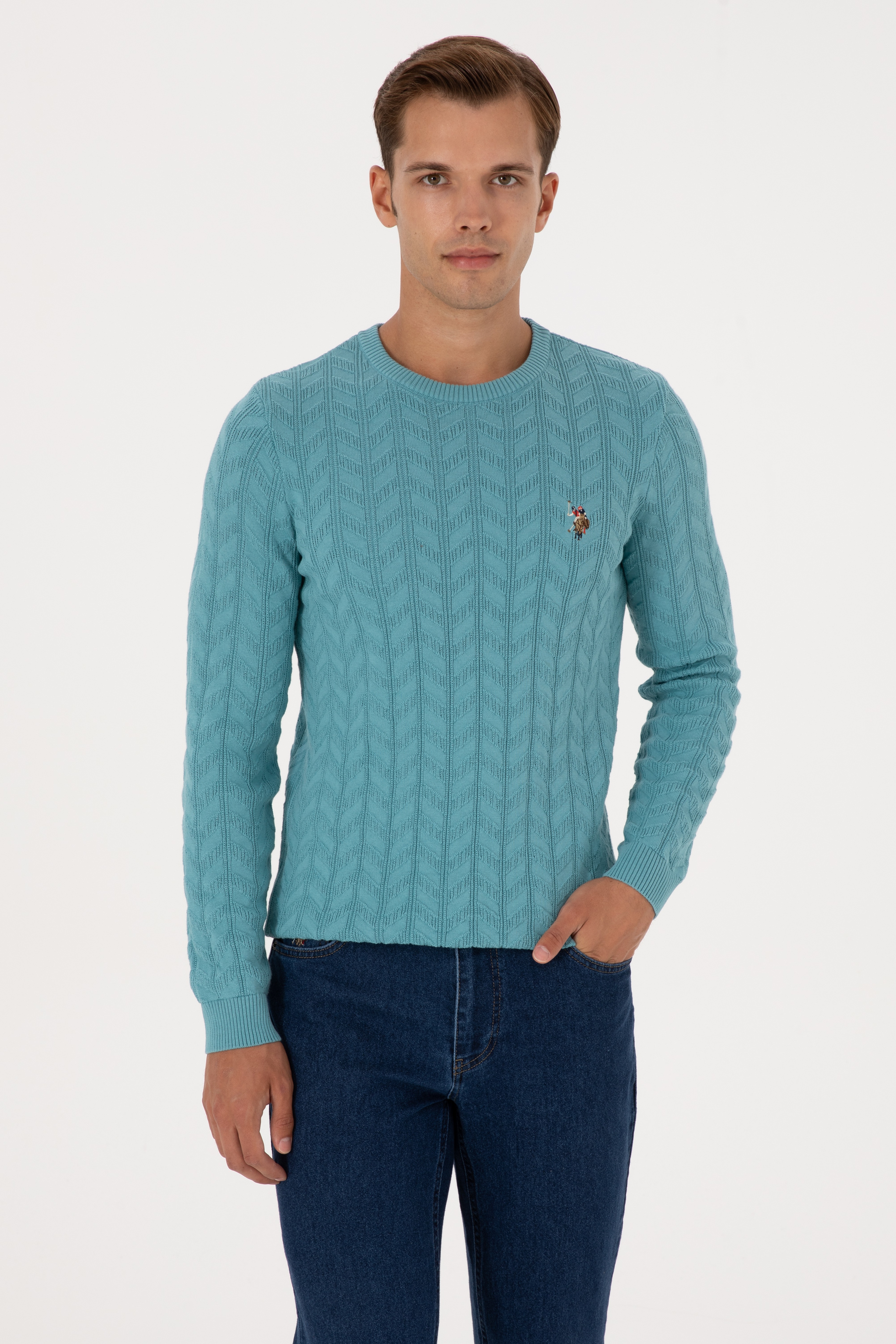 Erkek Slim Fit Bisiklet Yaka Desenli Mint Kazak - Image 1