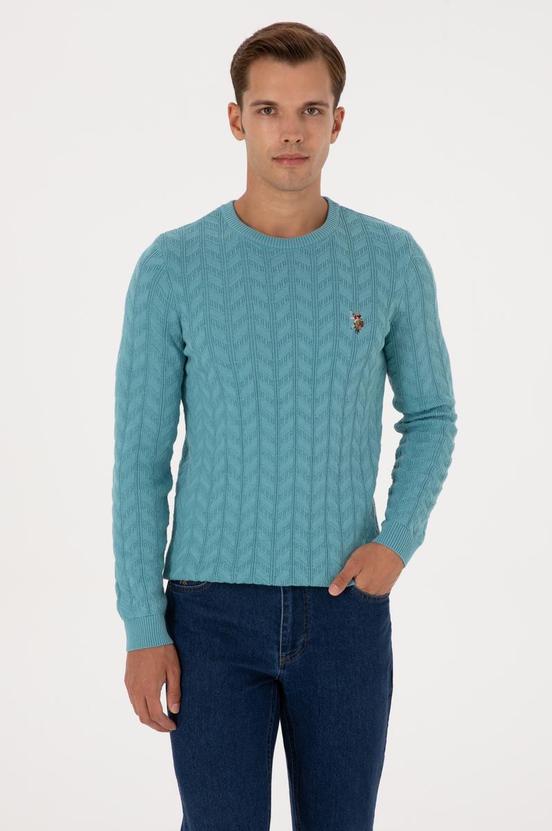 Erkek Slim Fit Bisiklet Yaka Desenli Mint Kazak