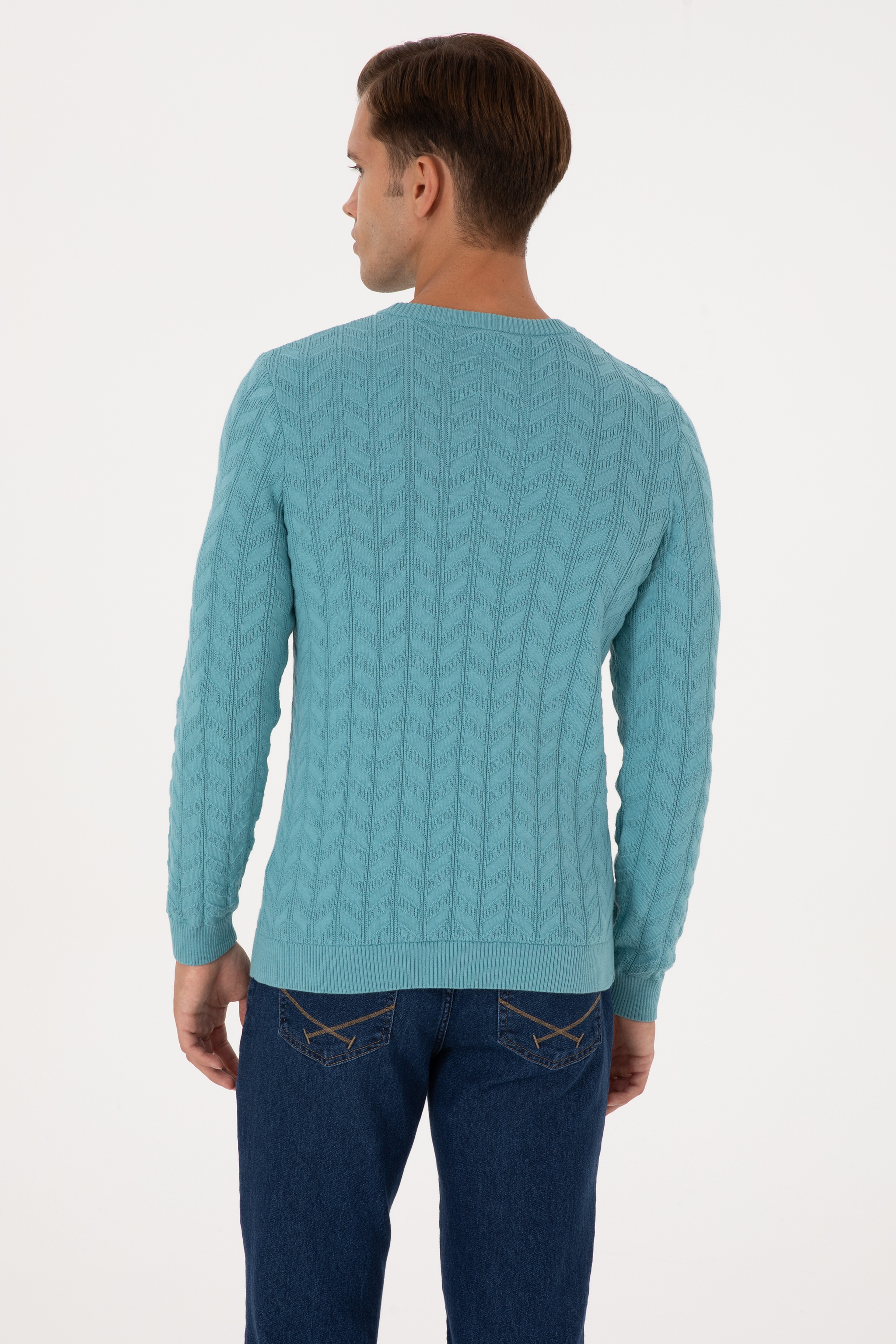 Erkek Slim Fit Bisiklet Yaka Desenli Mint Kazak