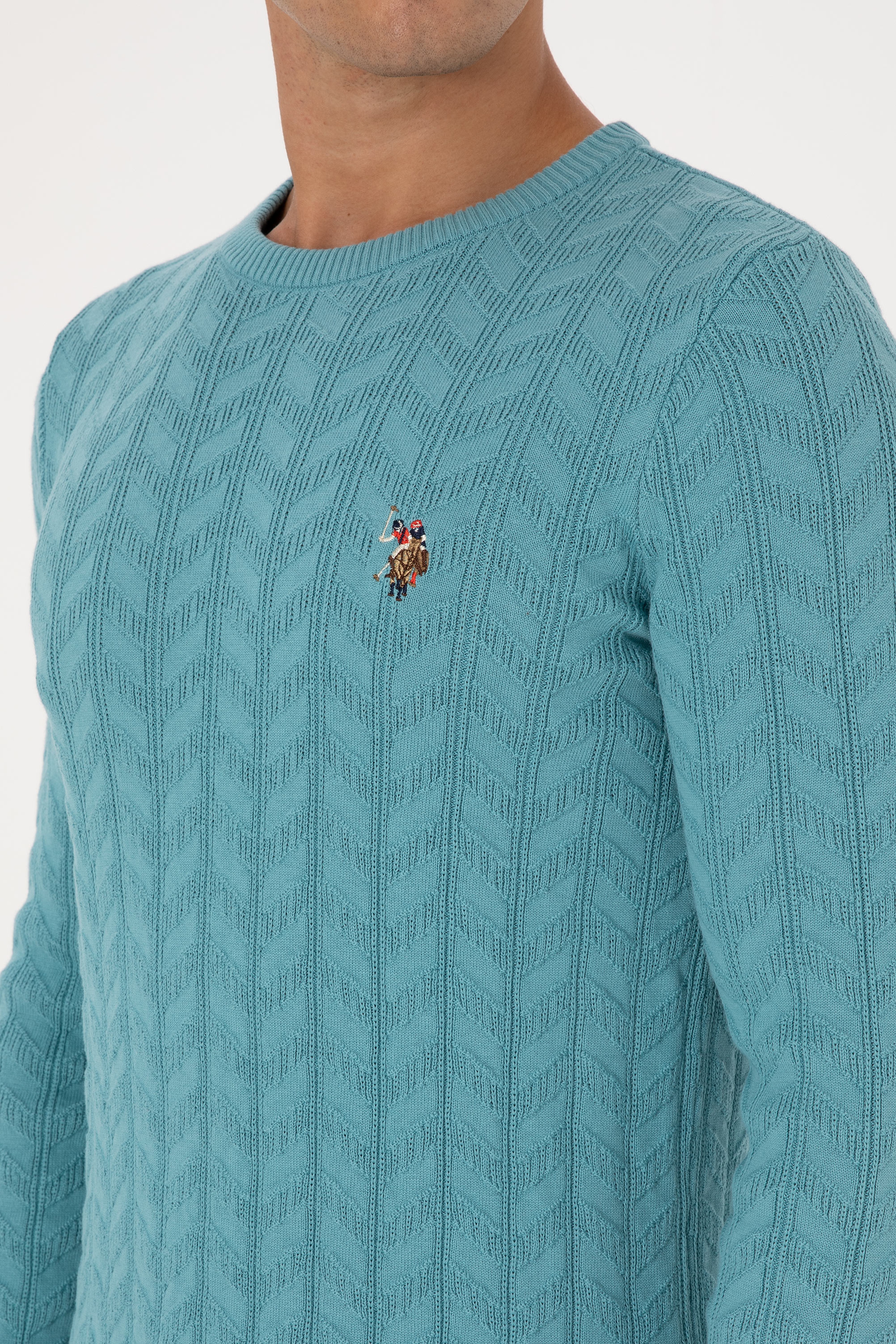 Erkek Slim Fit Bisiklet Yaka Desenli Mint Kazak - Image 7