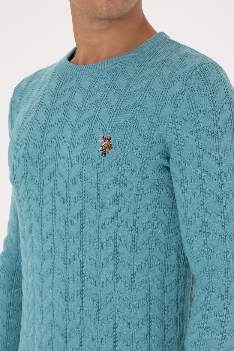 Erkek Slim Fit Bisiklet Yaka Desenli Mint Kazak - 50307836087