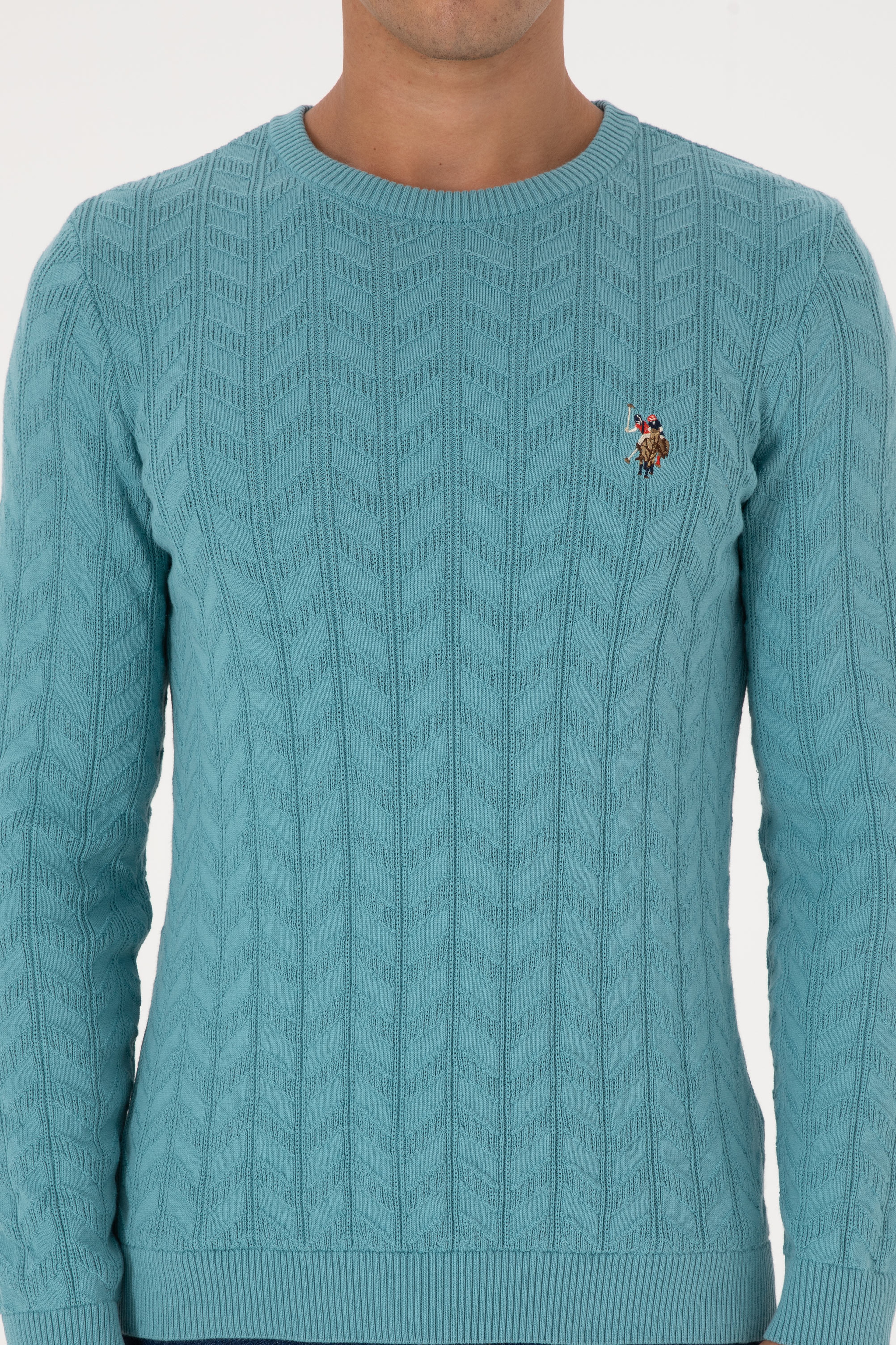 Erkek Slim Fit Bisiklet Yaka Desenli Mint Kazak
