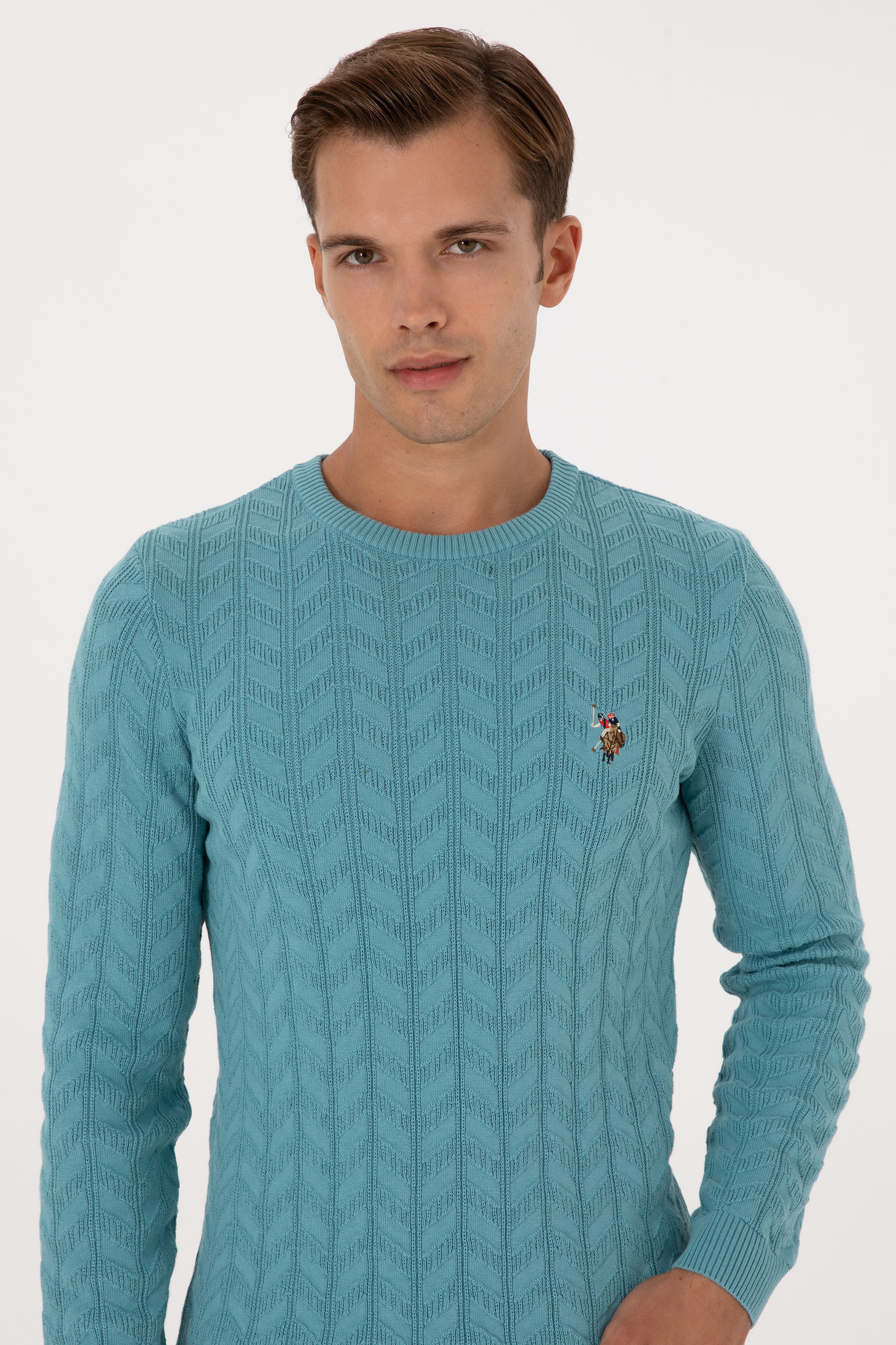 Erkek Slim Fit Bisiklet Yaka Desenli Mint Kazak