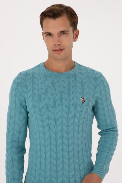 Erkek Slim Fit Bisiklet Yaka Desenli Mint Kazak