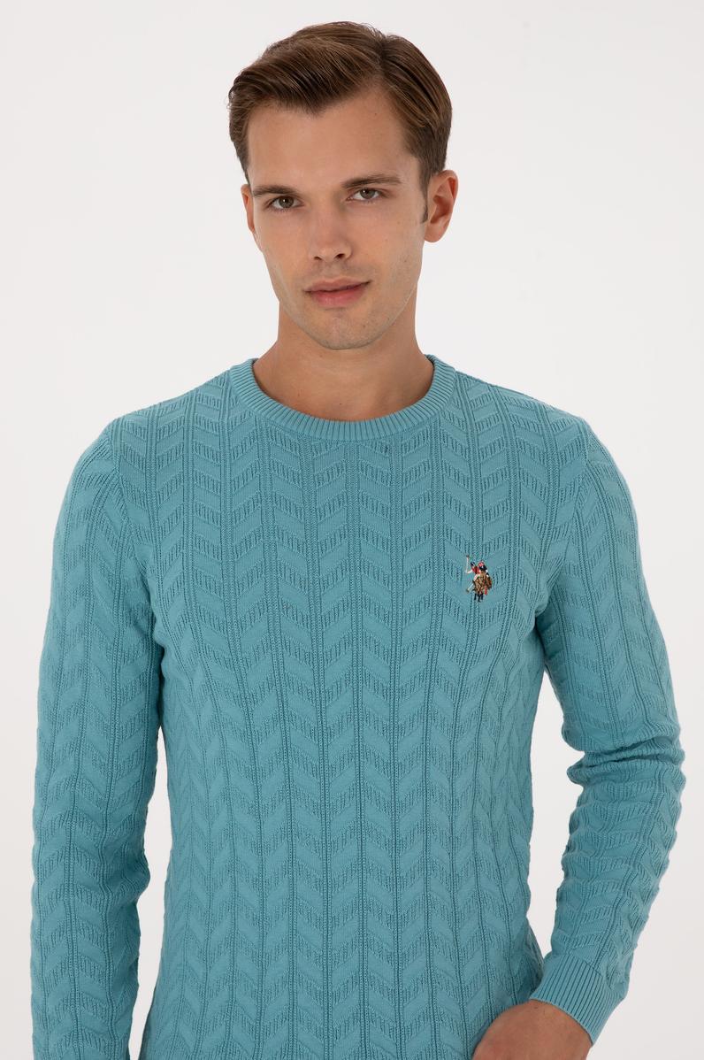 Erkek Slim Fit Bisiklet Yaka Desenli Mint Kazak