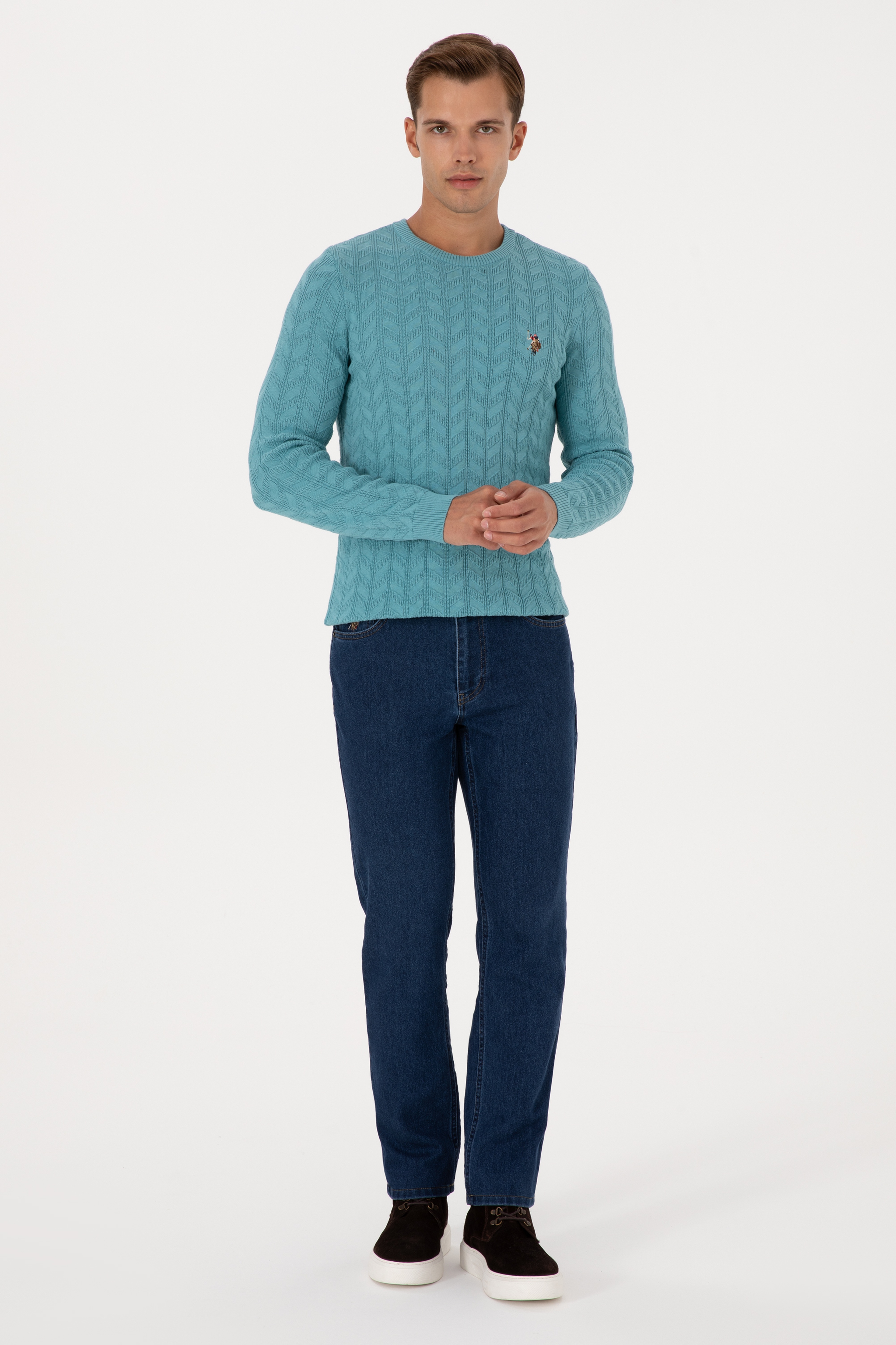 Erkek Slim Fit Bisiklet Yaka Desenli Mint Kazak - Image 4