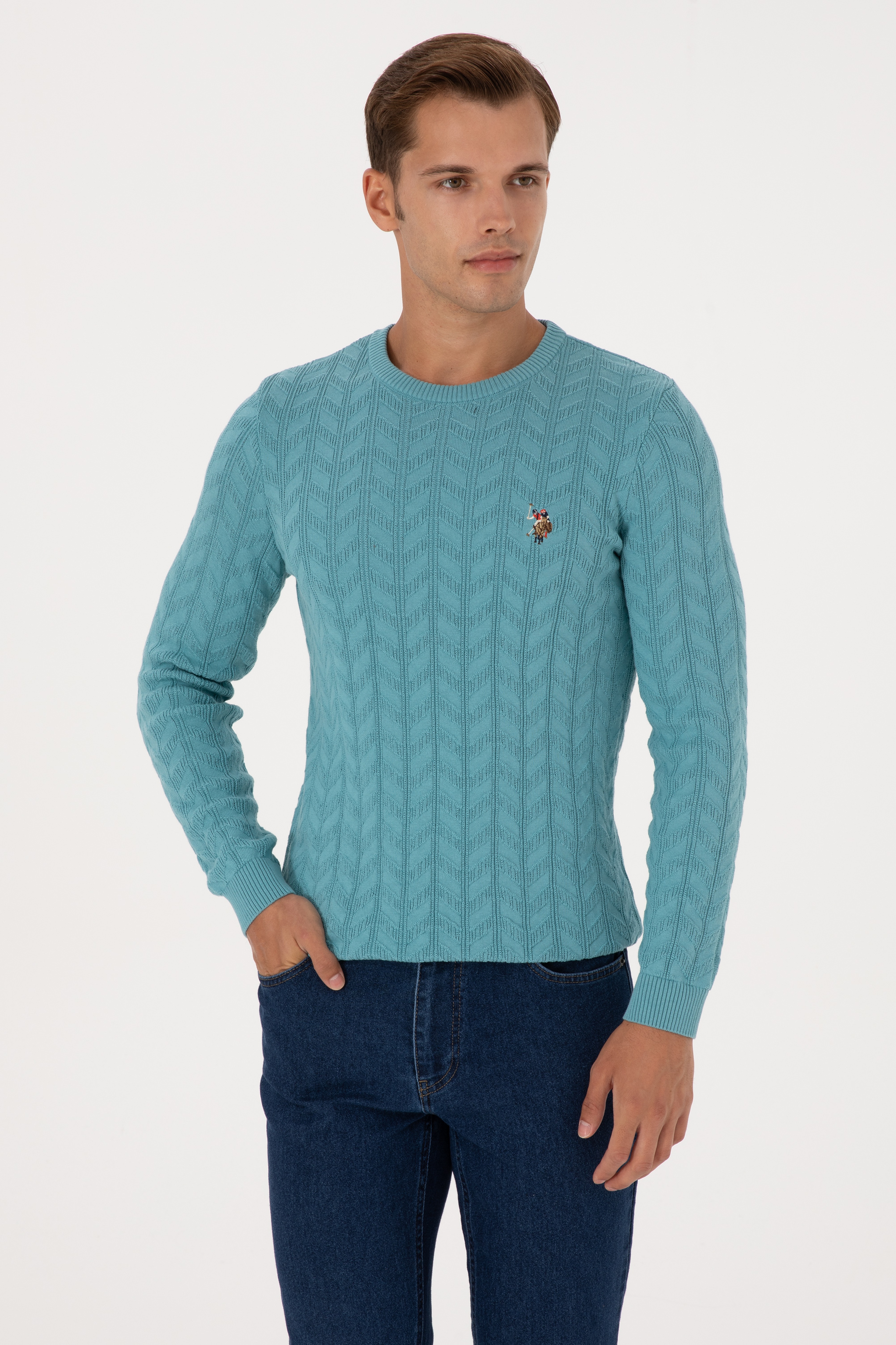 Erkek Slim Fit Bisiklet Yaka Desenli Mint Kazak