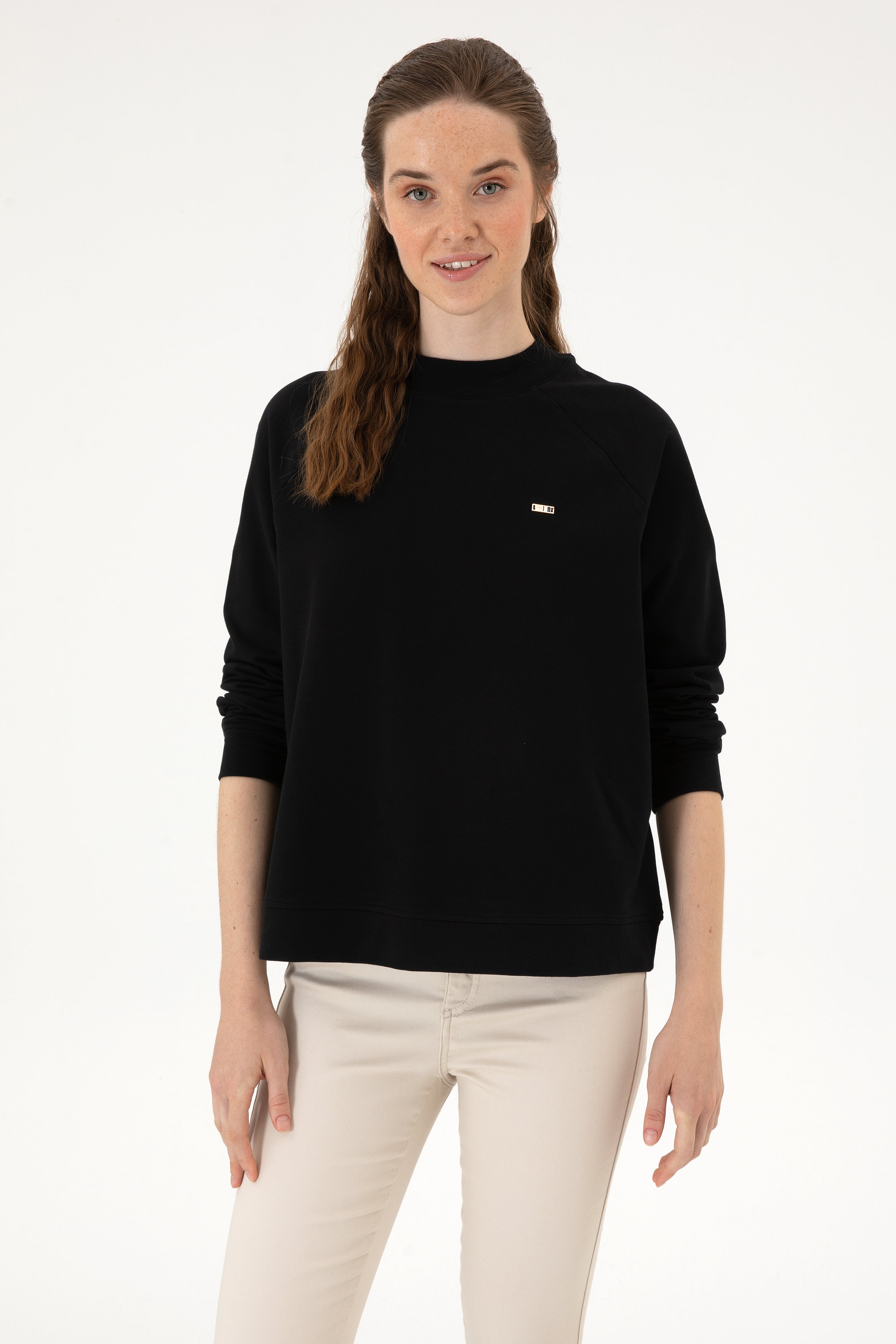 Kadın Siyah Regular Bisiklet Yaka Basic Sweatshırt - Image 1