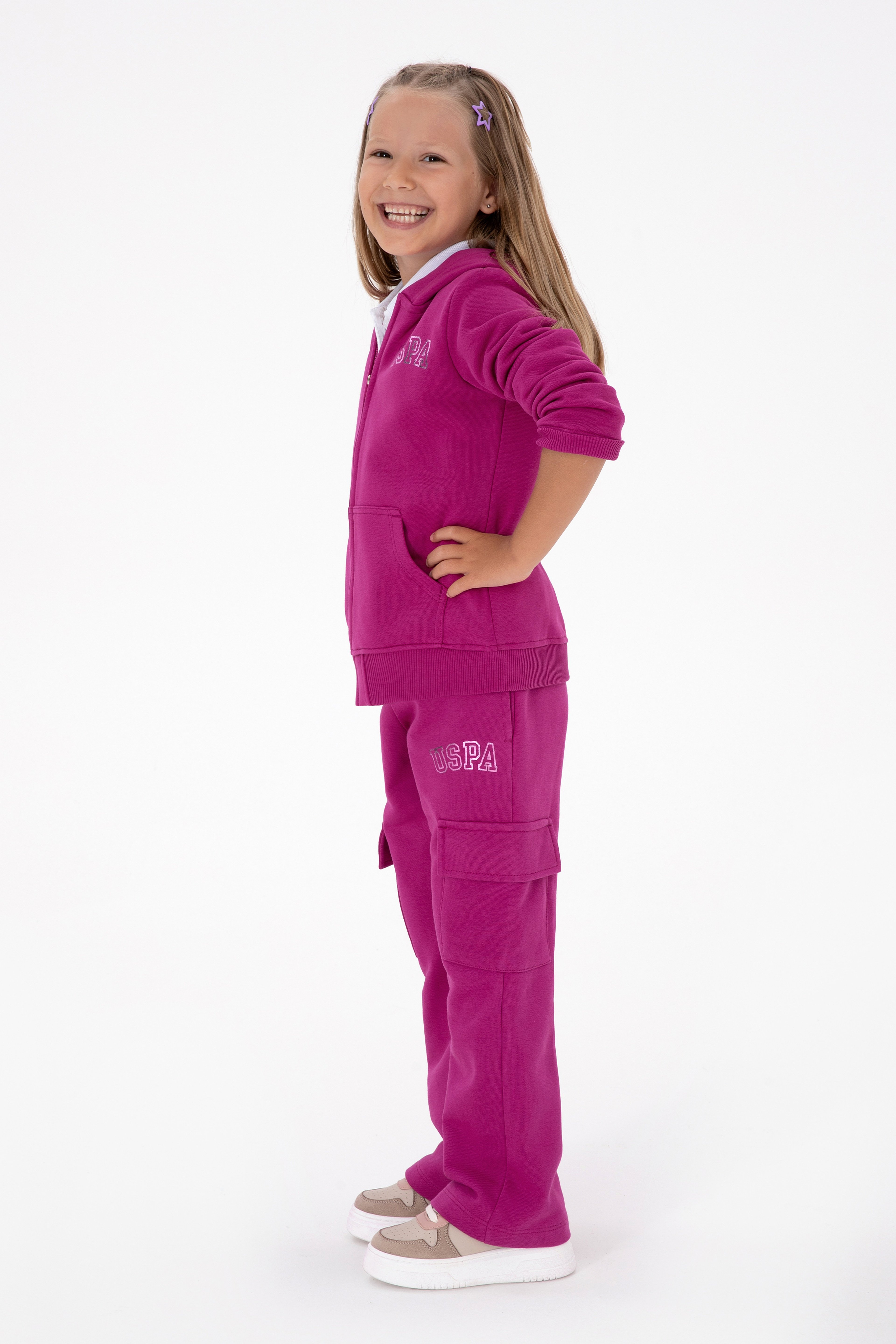 Kız Çocuk Fuşya Kapüşonlu Fermuarlı Basic Sweatshirt - Image 2