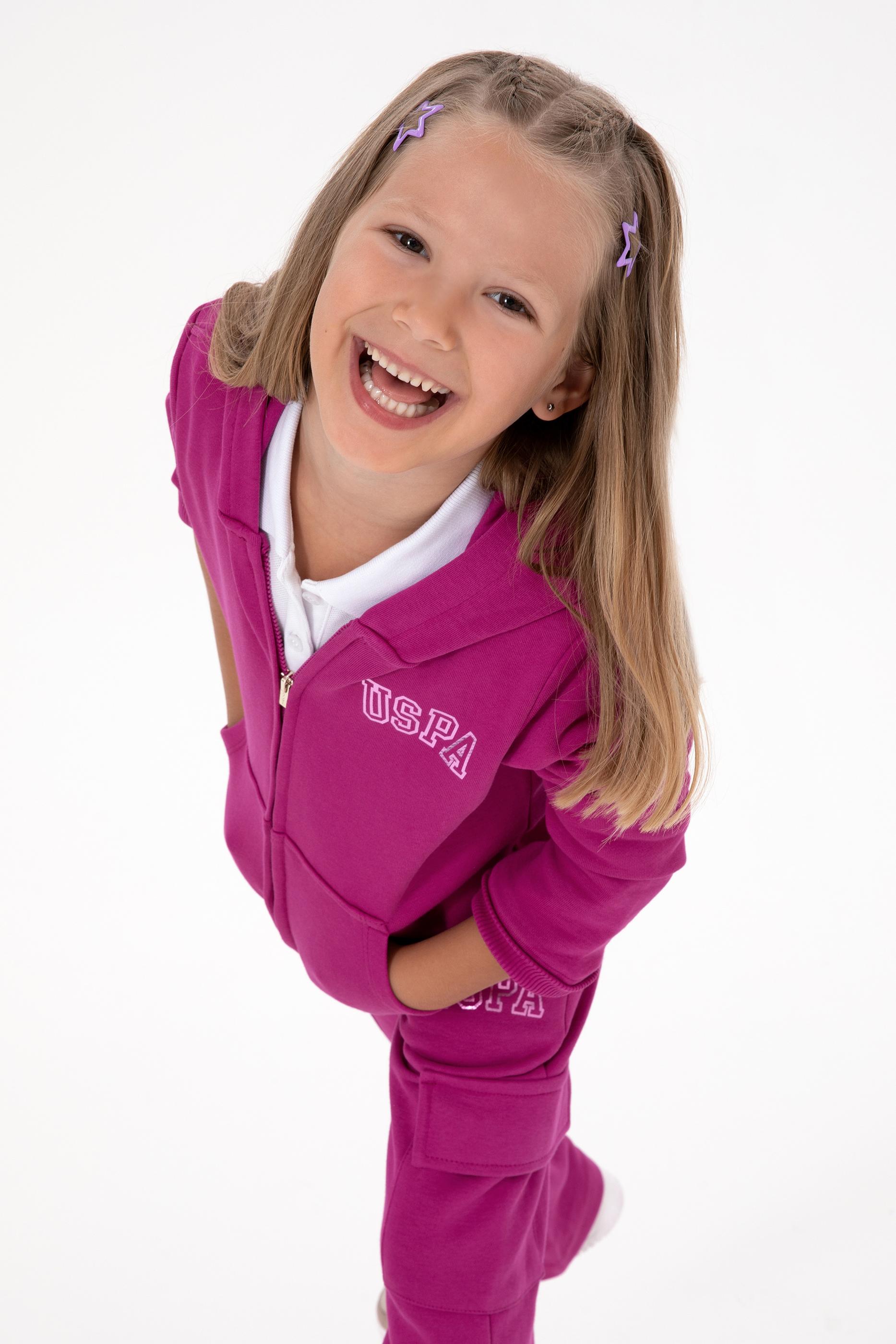 Kız Çocuk Fuşya Kapüşonlu Fermuarlı Basic Sweatshirt