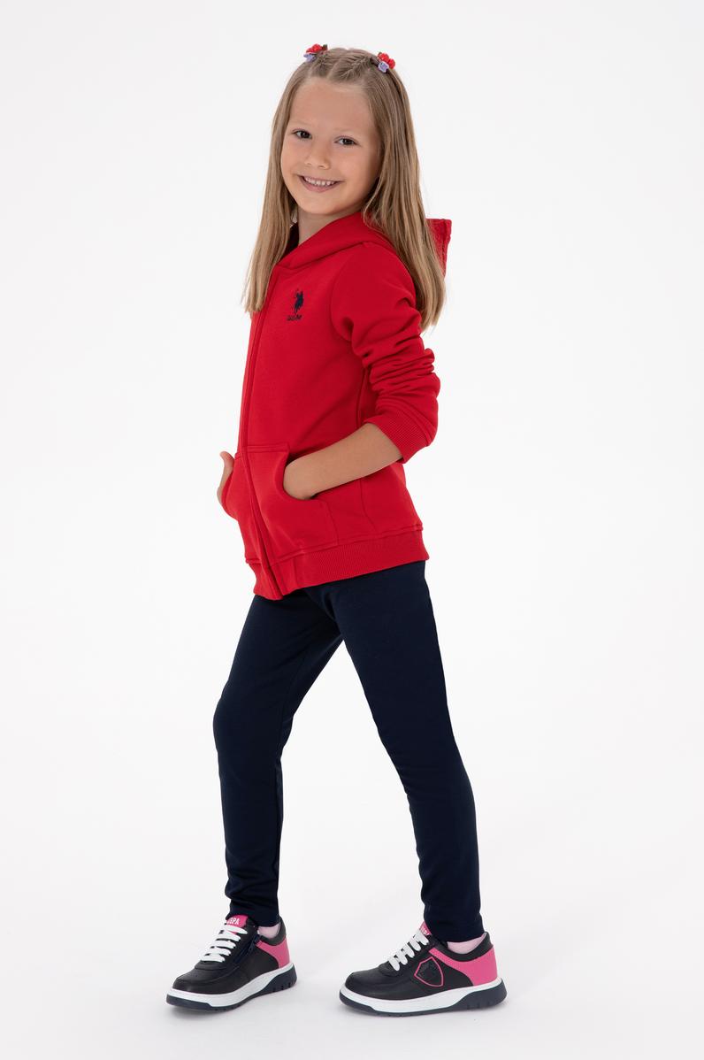 Kız Çocuk Kırmızı Kapüşonlu Fermuarlı Şardonlu Basic Sweatshirt