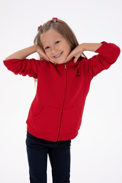 Kız Çocuk Kırmızı Kapüşonlu Fermuarlı Şardonlu Basic Sweatshirt
